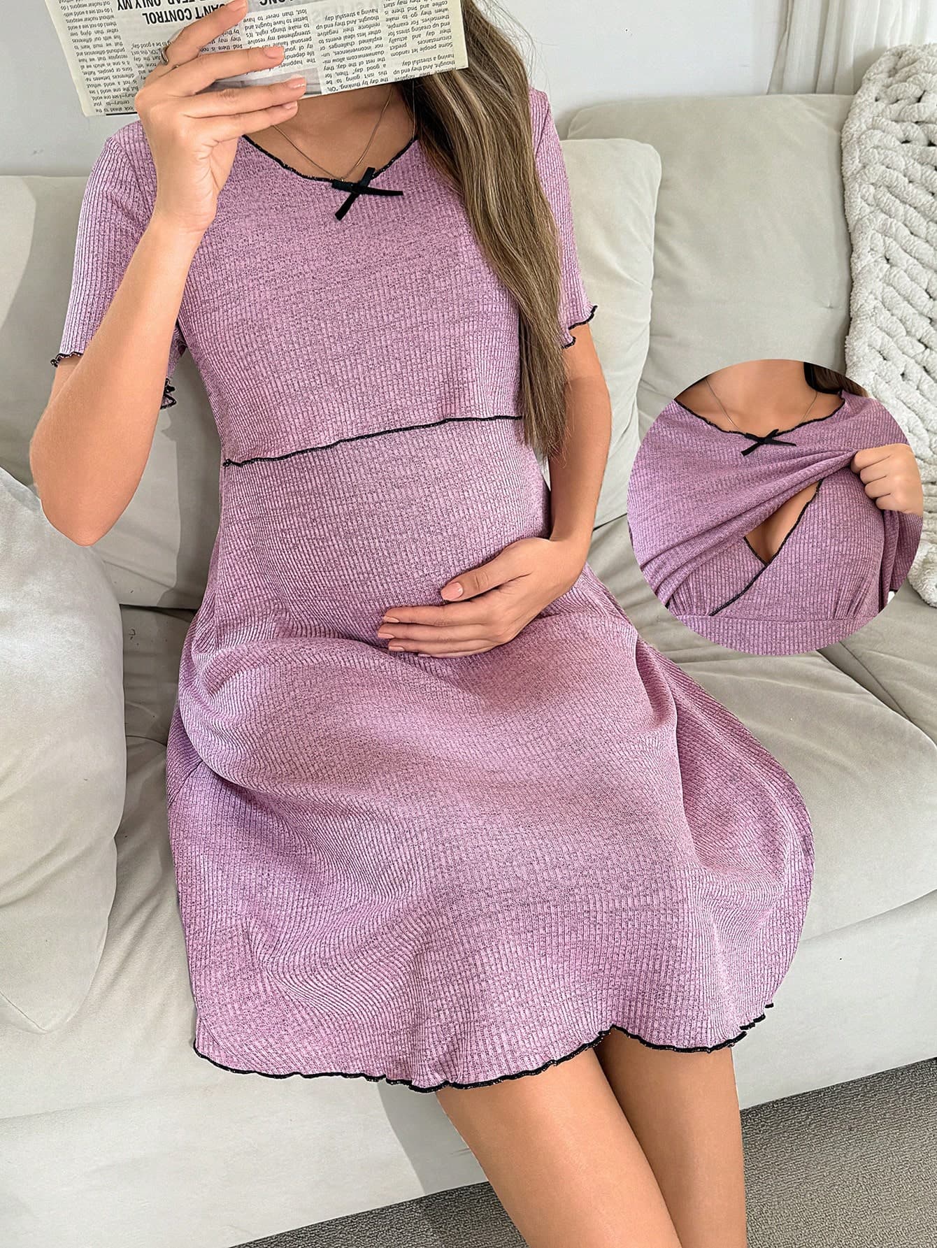 Moonlight&Mama Casual Solid Color Rib Knit Fabric Nursing Friendly Round Neck Short Sleeve Maternity Dress, Loungewear