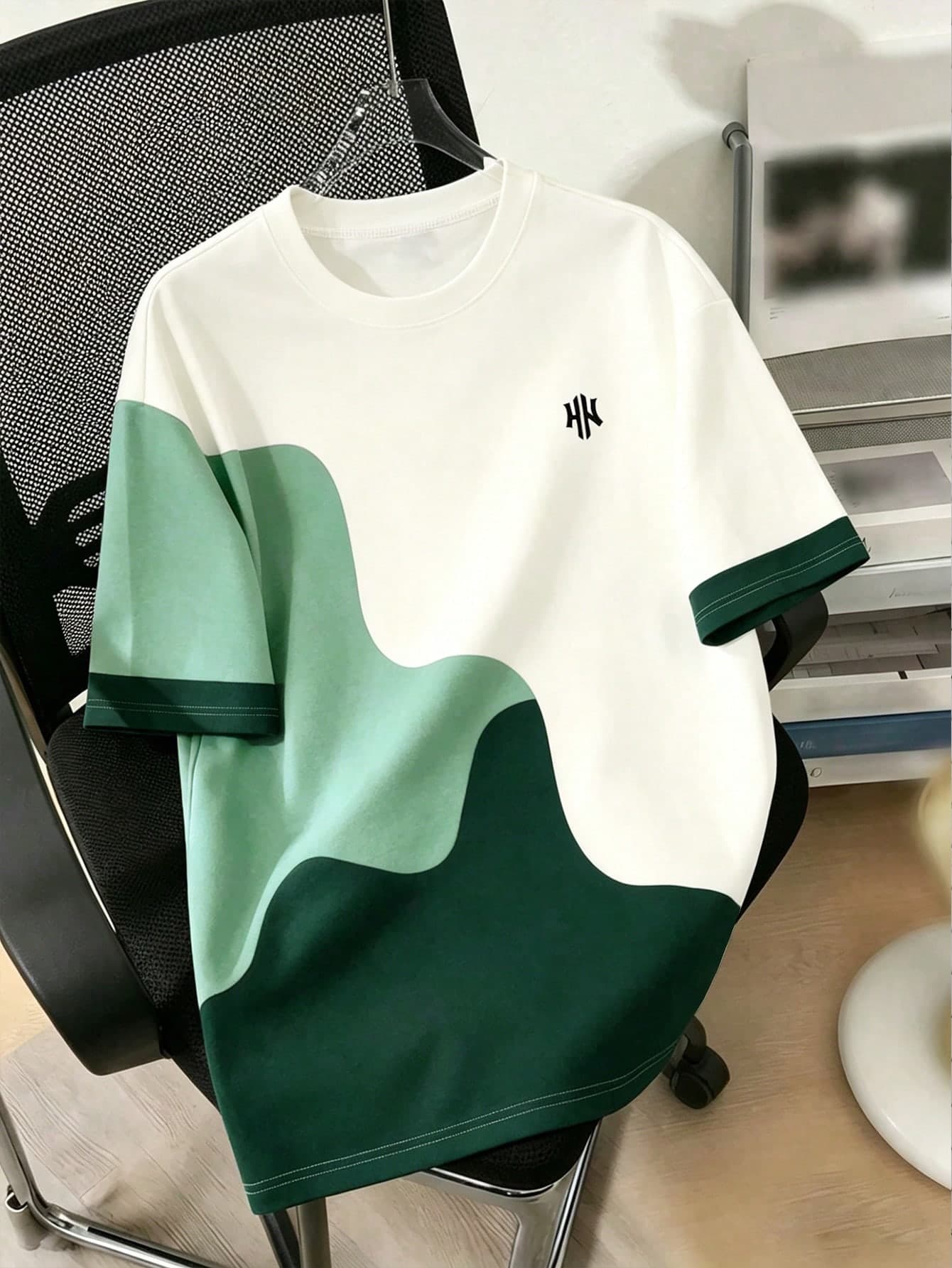 Teenage (Boys) T-Shirt, Comfortable Casual Daily Wear Short Sleeve T-Shirt With Green And White Color Blocking