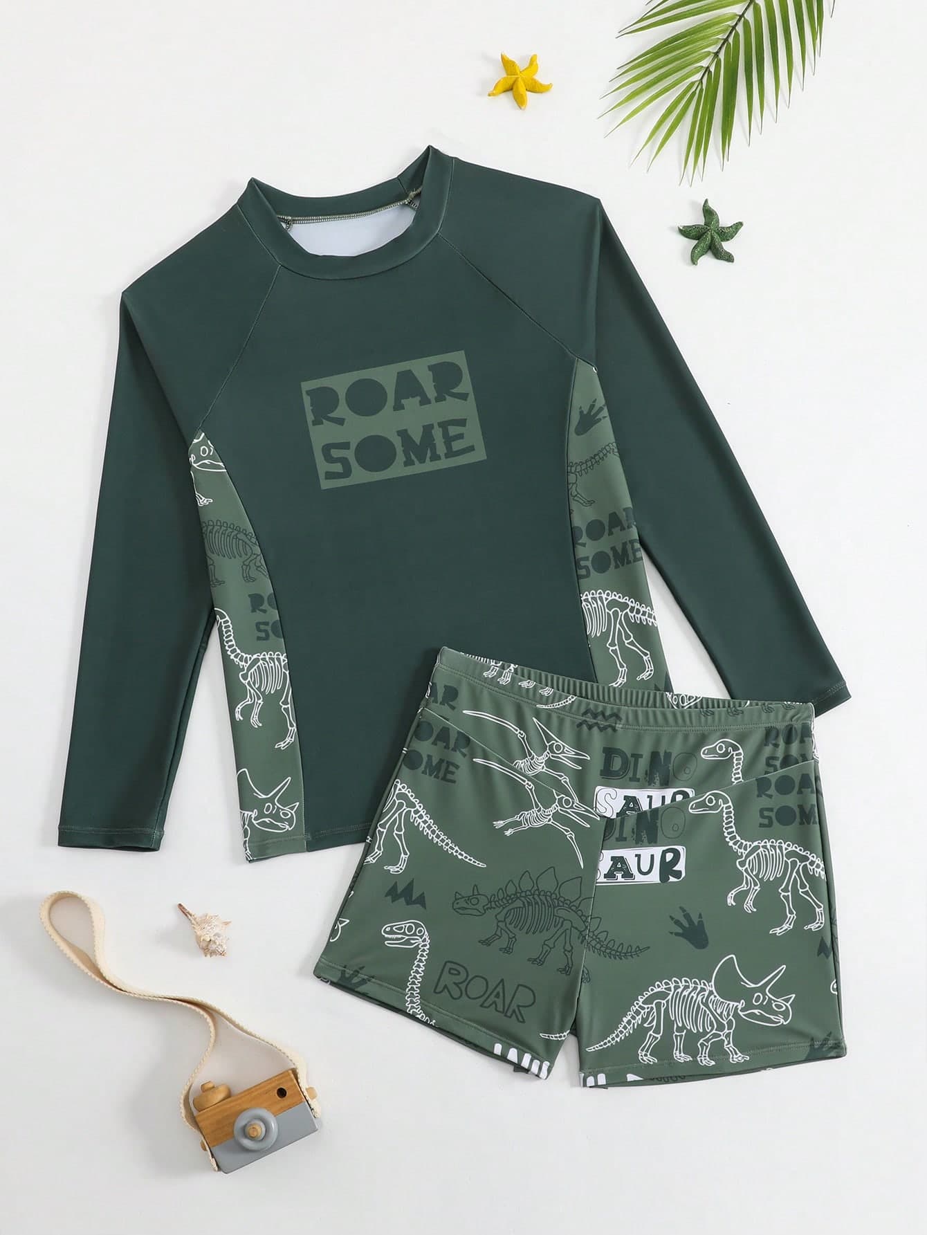 Teenage Boys' Dinosaur Print Long Sleeve Swimsuit Set, Comfortable Knit Fabric, Suitable For Beach, Vacation, Summer