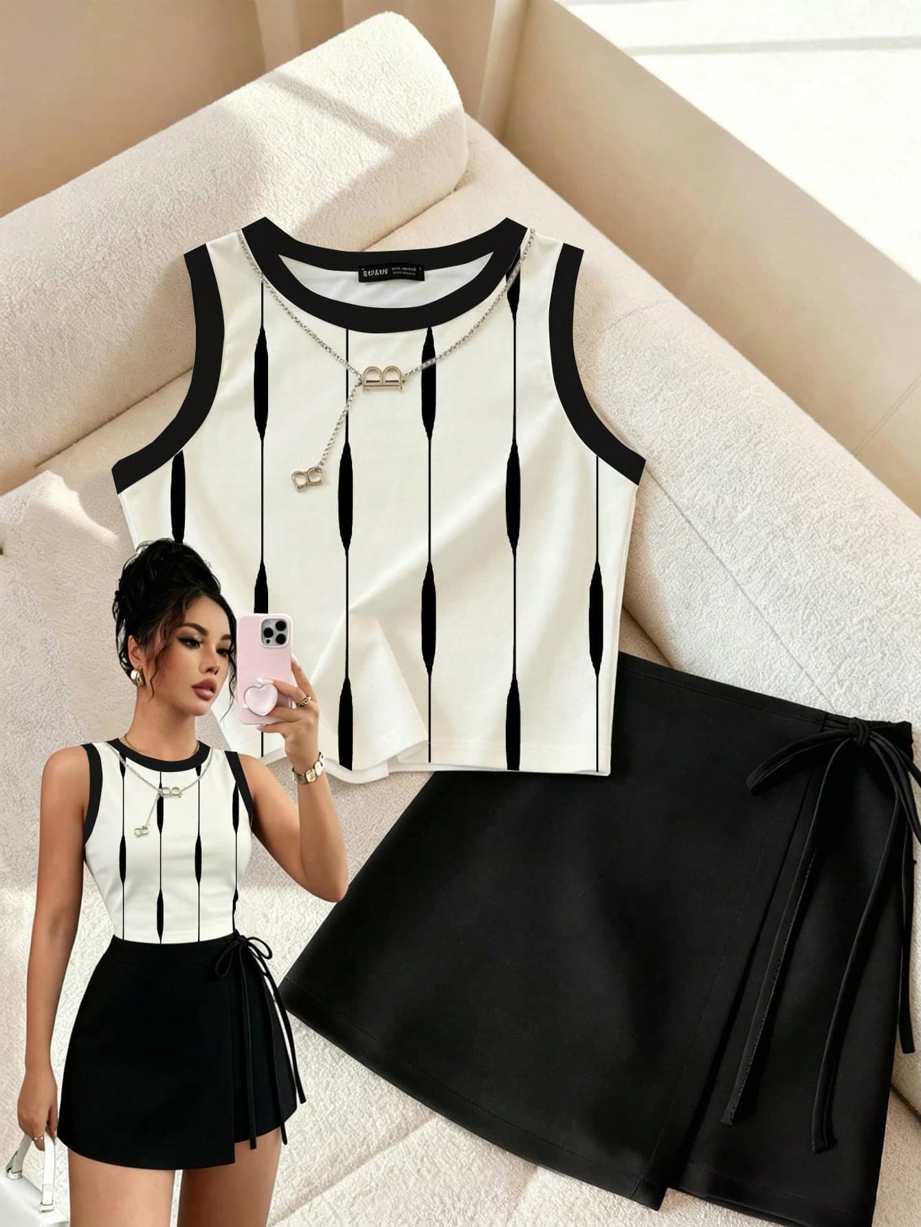 Franclia Women's Solid White & Black Striped Sleeveless Asymmetric Shoulder Top Paired With Solid Black Side Tie Shorts Skirt A-Line Silhouette Slimming 2-Piece Set, Commute, Daily Wear, Summer