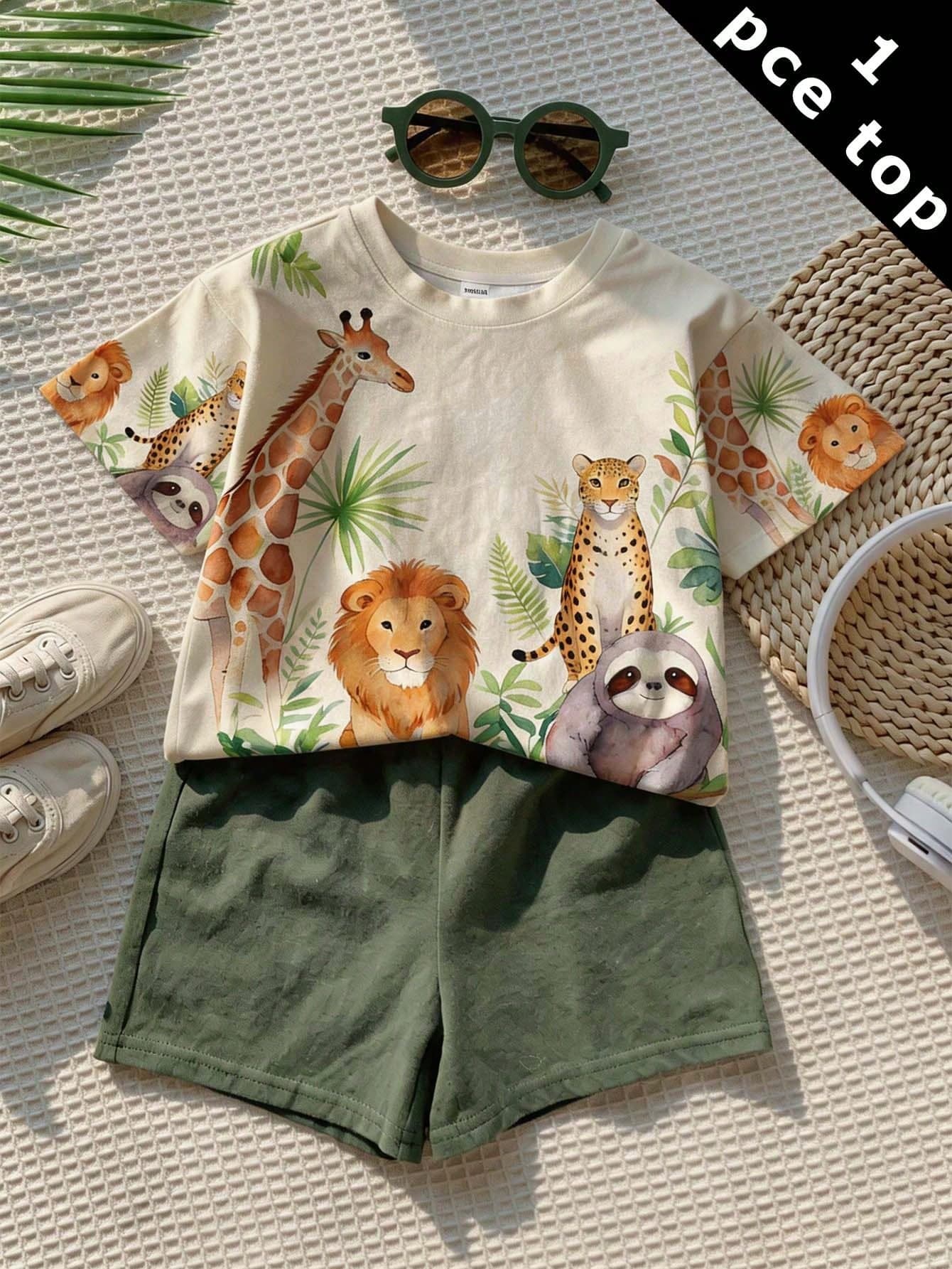 Baby Boy Casual Minimalist Top Suitable For Spring&Summer,Classic Cute Animal Print Design,Cartoon Giraffe,Lion,Cheetah,Zebra,Tiger,Bear