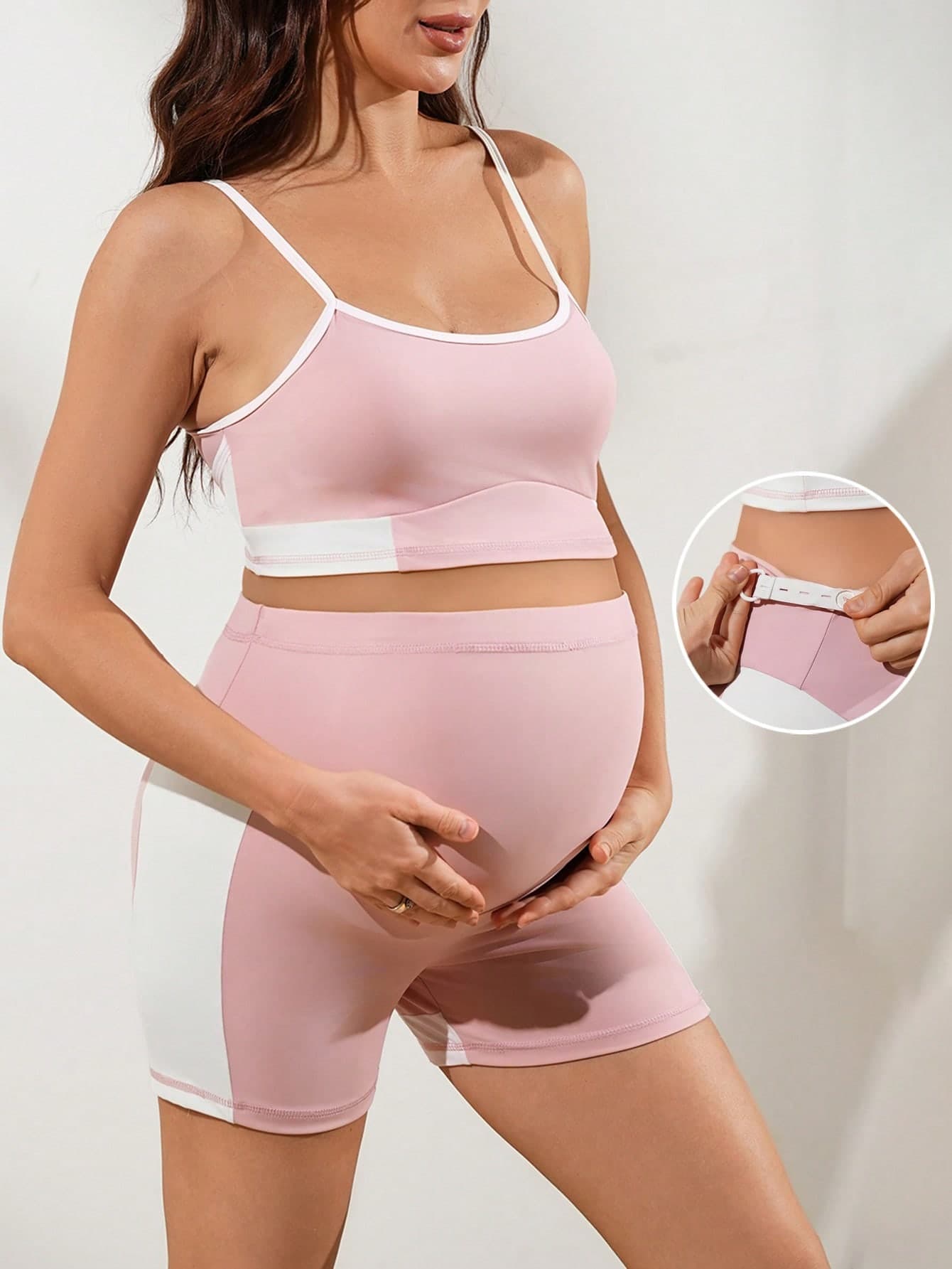 SHEIN Maternity Casual Business Sports Contrast Color Camisole Shorts Set Gender Reveal Gym Sportswear Pink Summer Photoshoot