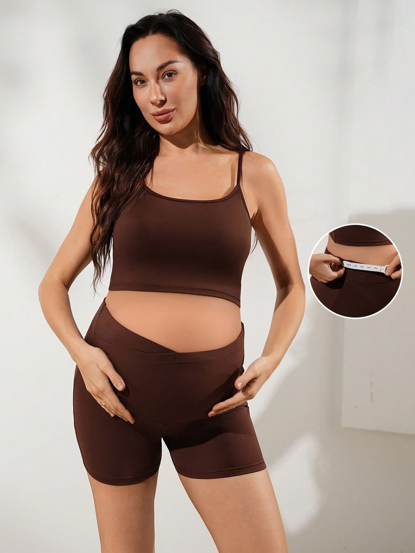 SHEIN Maternity Solid Color Camisole Shorts Sports Set Gym Photoshoot Brown Summer Casual Business Casual Pregnancy