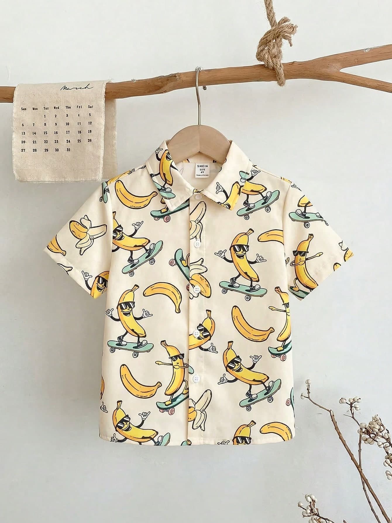 SHEIN 1pc Young Boys' Casual Vintage Banana Printed Short Sleeve Shirt,Soft Comfortable Collegiate Fashion For Summer,Matching,Family Vacation,Daily Wear