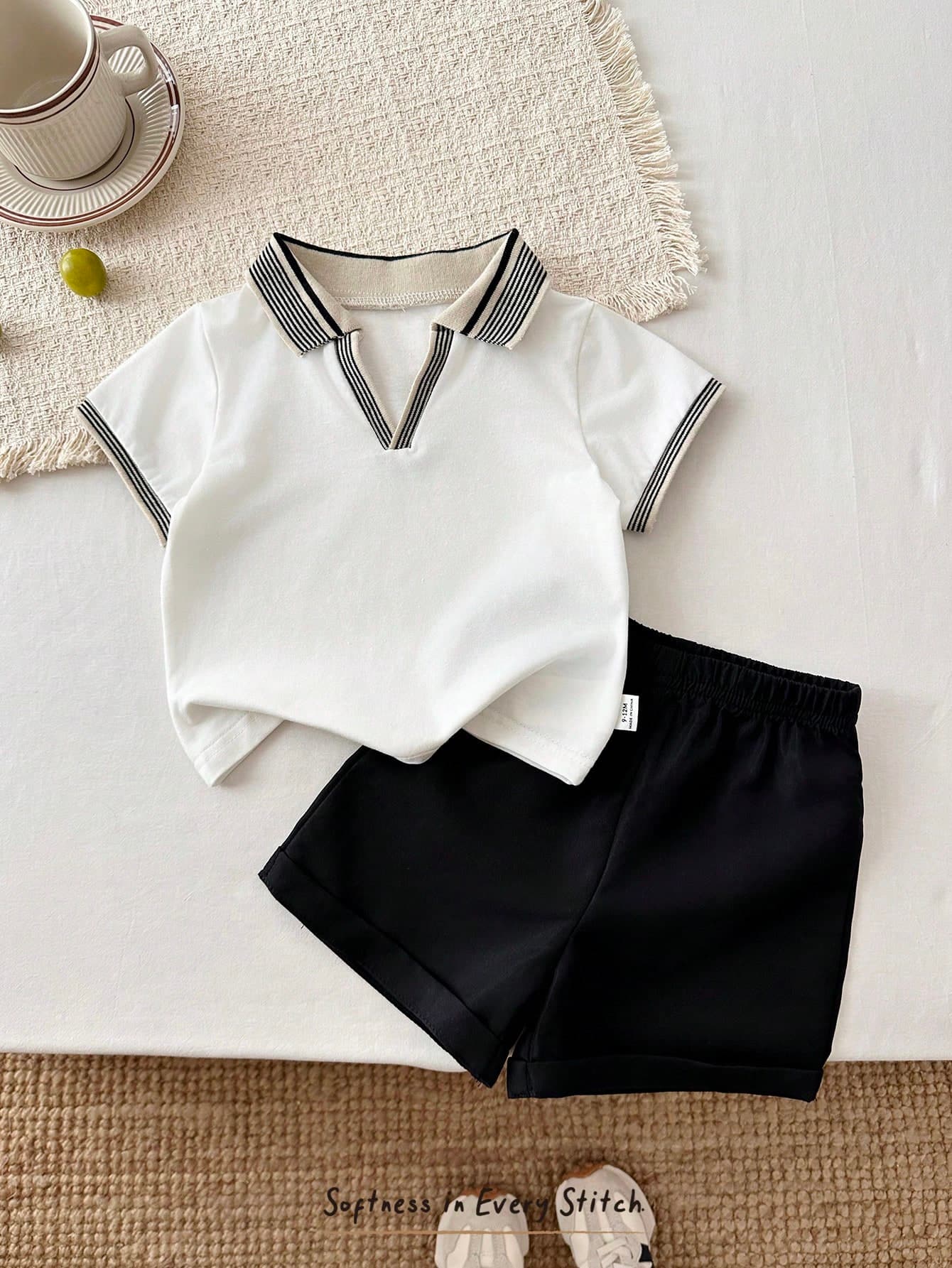 Cozy Pixies 2pcs Baby Boy Soft Knit Polo Collar Short Sleeve Top And Elastic Waist Shorts Set