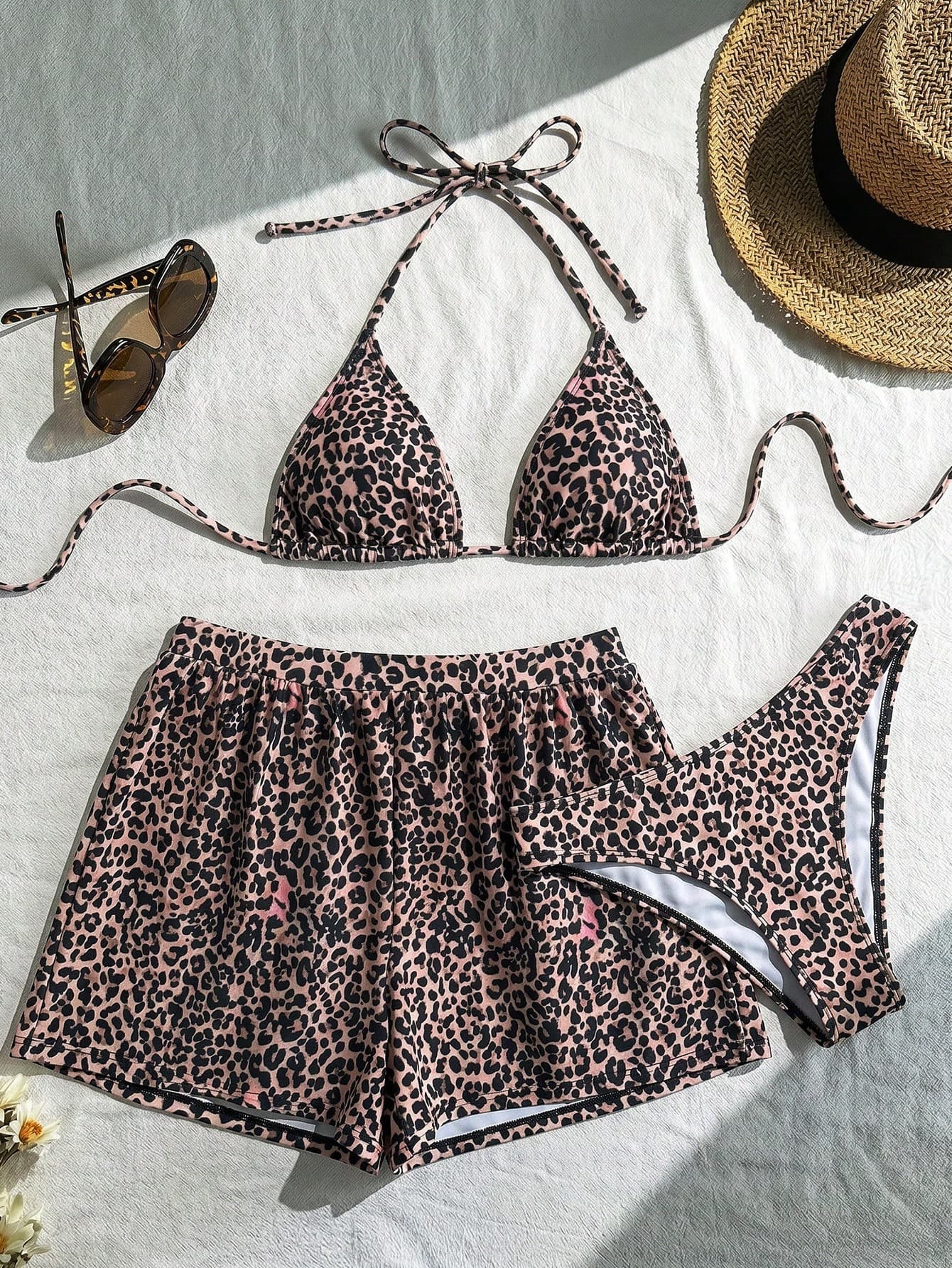 Swim Vcay Women's High Elasticity Popular Lily Leopard Print Sexy Tie-Up 3 PiecesSwimsuit Set For Beach Vacation Holiday Pink Leopard Print Summer