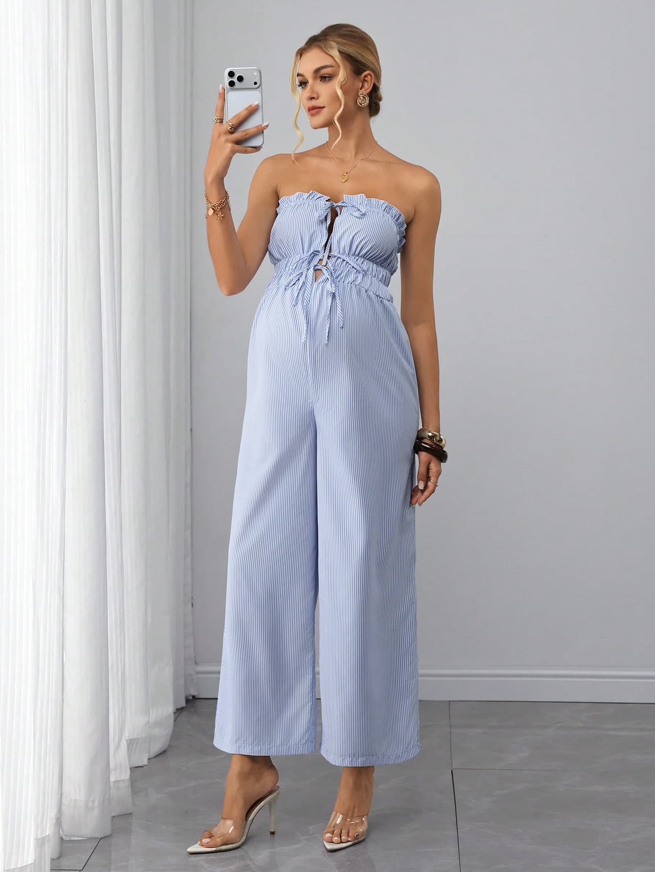 Momance Maternity Jumpsuit With Sweetheart Neckline, Frill Trim, Bra Cup Design, Front Tie Waist, Straight Leg Blue Jumpsuit Maternity Pregnancy Summer Smart Casual