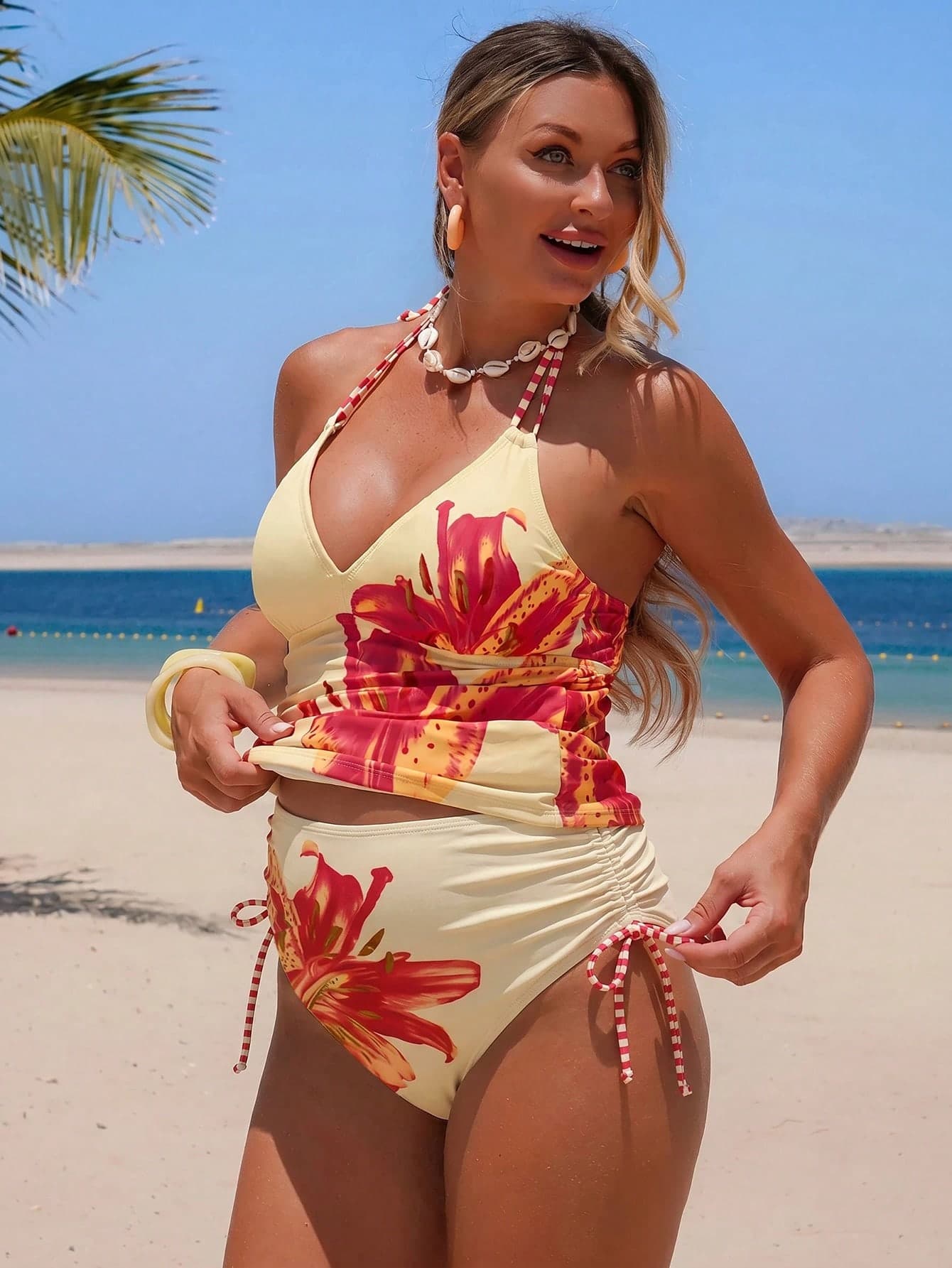 SHEIN 2026 Spring/Summer Floral Print Yellow Comfortable Maternity Vacation Beach Spaghetti Strap Bikini