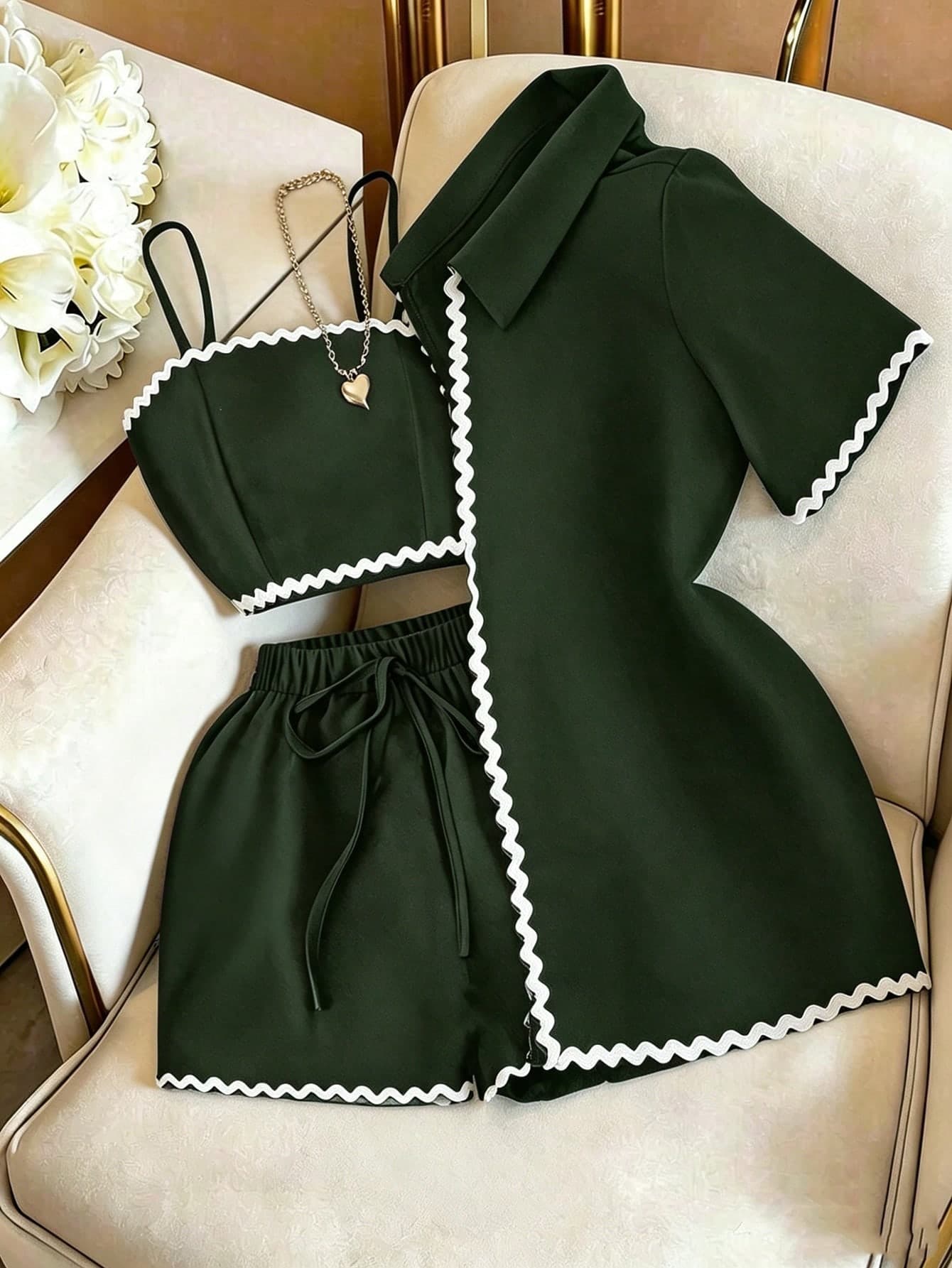 GlowEve 3pcs Women Casual Set: Wave Ribbon Short Sleeve Shirt, Camisole, And Shorts