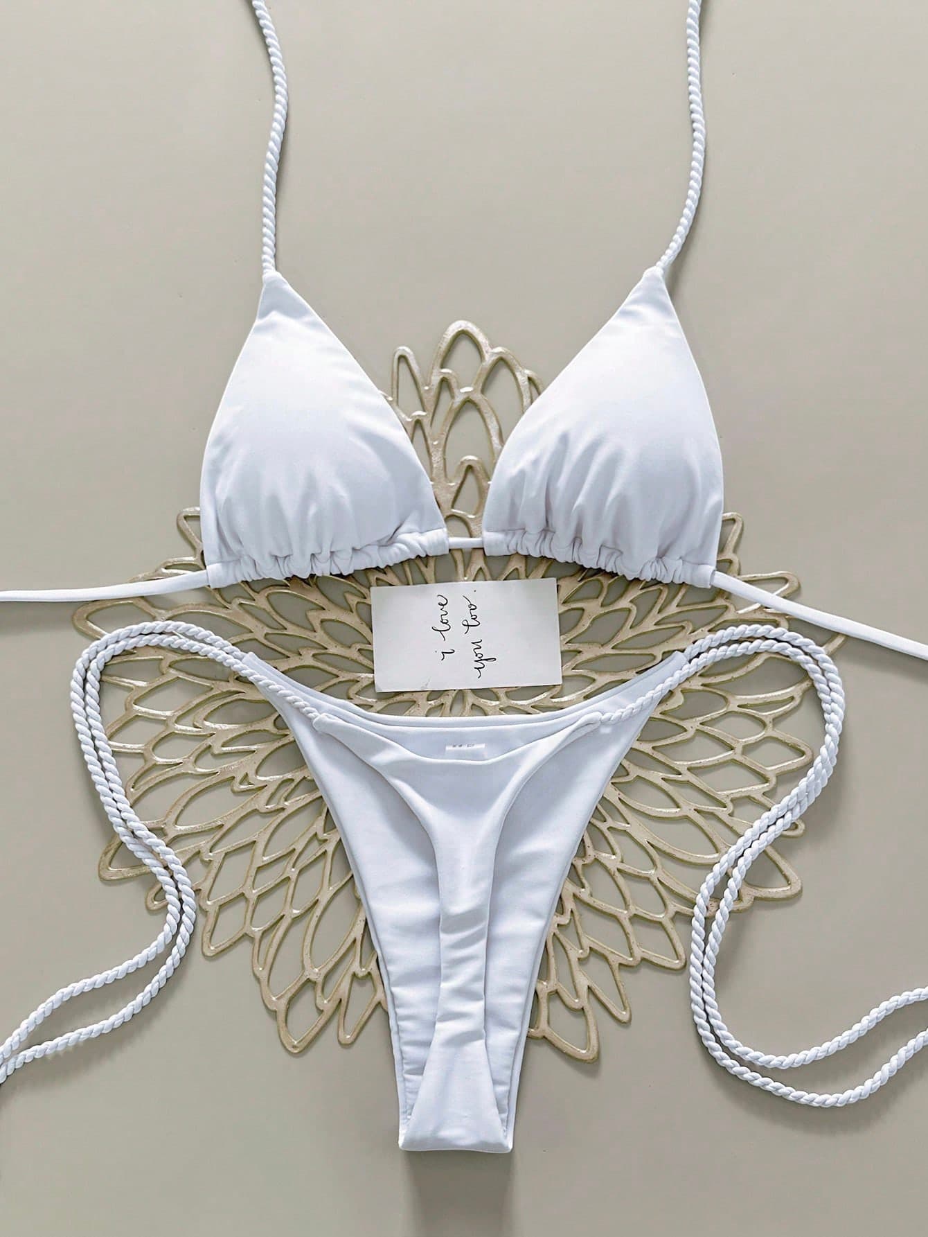 Swim Vcay 2pcs/Set Women Handmade Rope Bikini Swimwear Set, White, Elegant, Valentine Outfits For Women, Shell Bikini, Seashell Bathing Suit, Weddings & Events