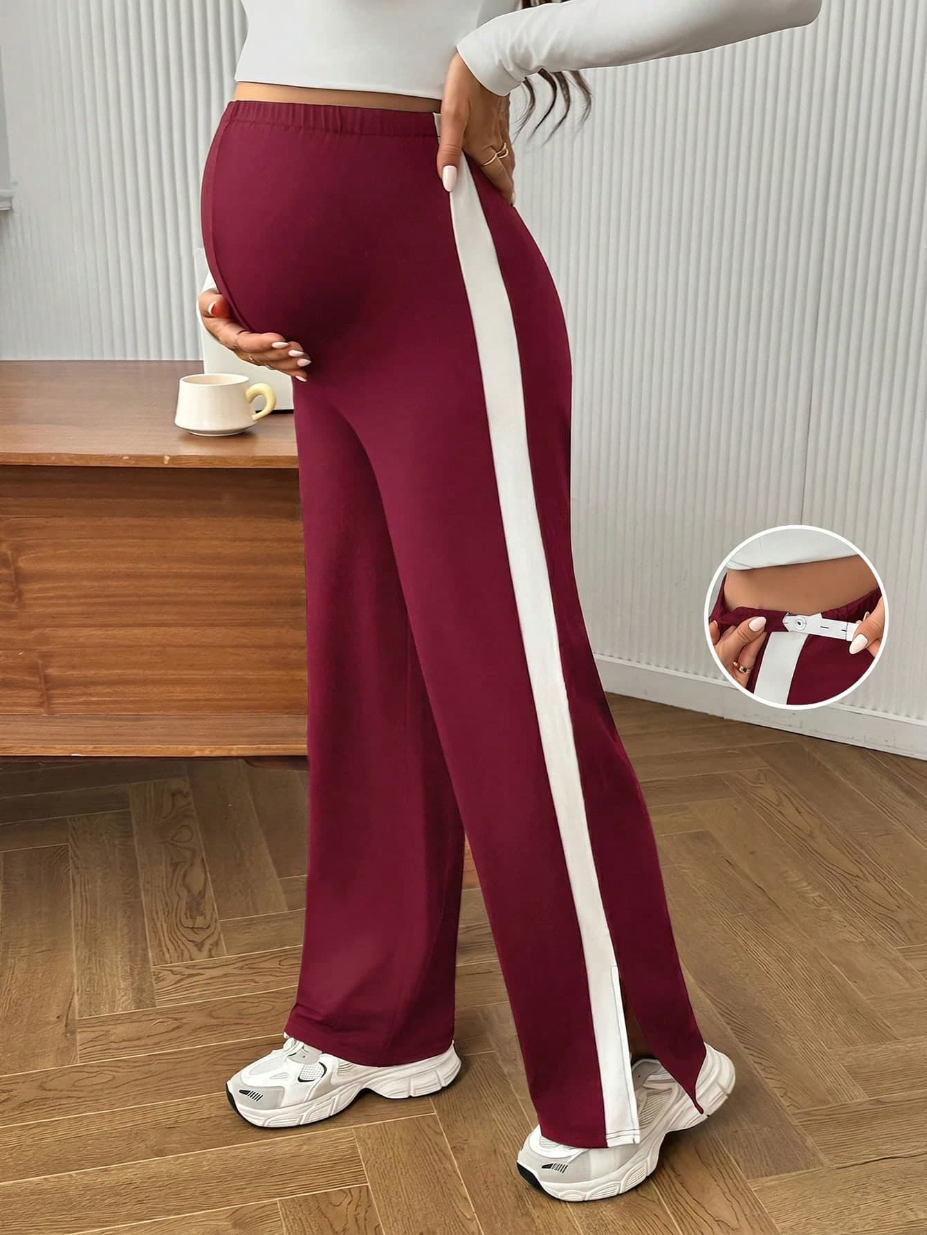 SHEIN Maternity Adjustable Waist Colorblock Casual Versatile Everyday Outing Long Pants Burgundy Summer