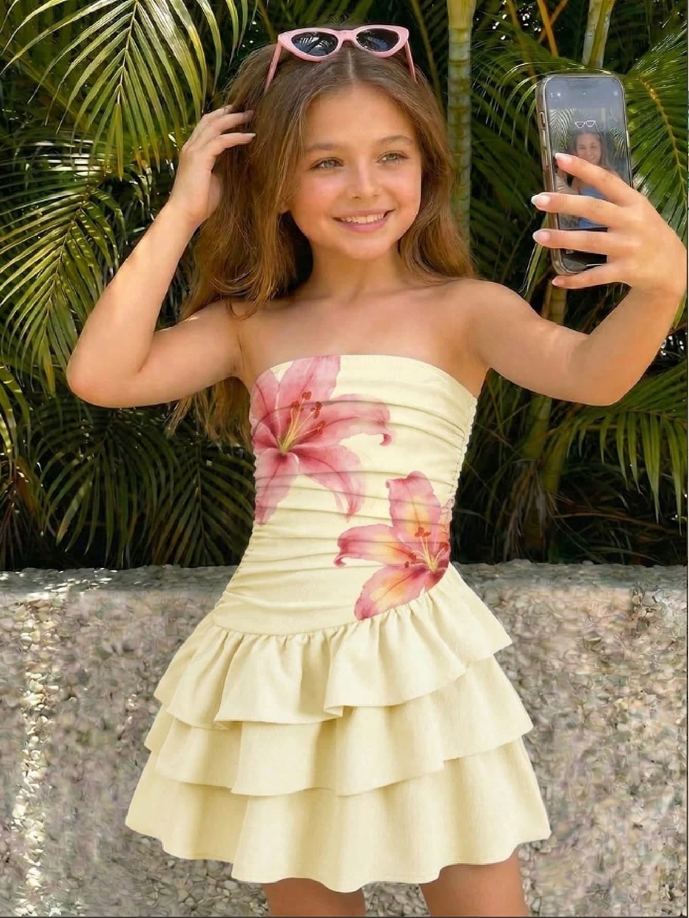 SHEIN Tween Girls' Summer Casual Vacation Minimalist Comfortable Layered Ruffle Trim Tube Top Dress