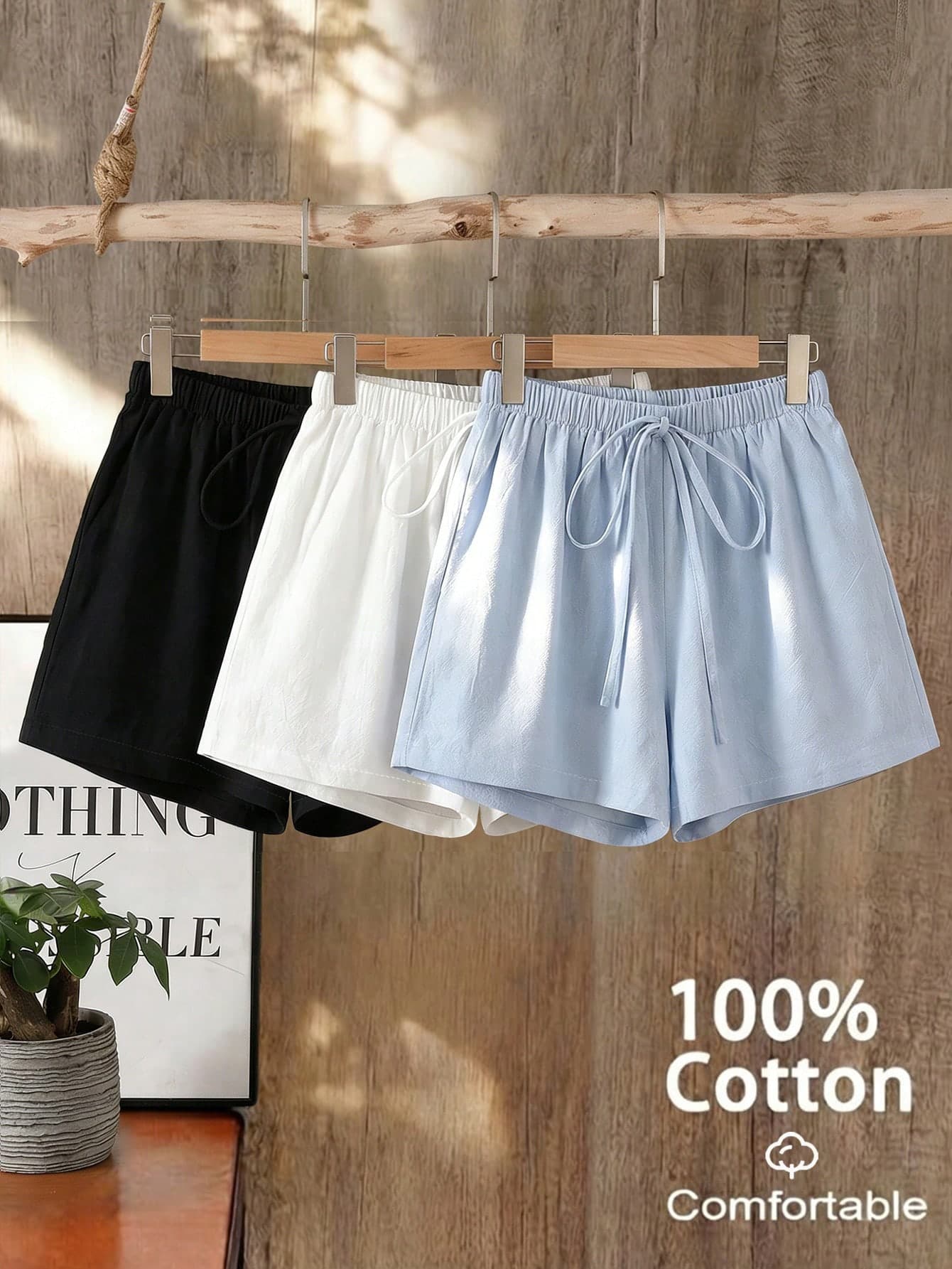 GlowEve 3pcs Women's Casual Light Blue And White Cotton Shorts Set,Elastic Waist Drawstring Loose Summer Shorts,Comfy Loungewear For Home And Vacation