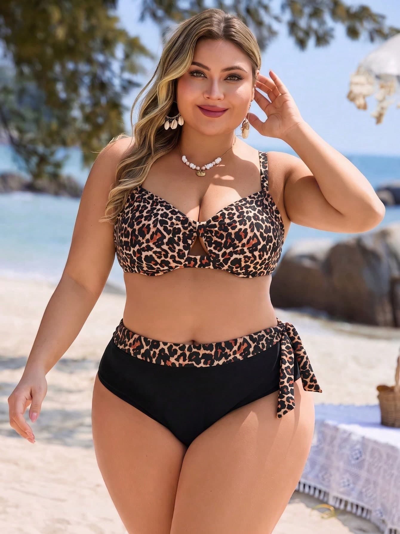 Swim Lushoire Plus Size Women 2pcs Tropical Plant Random Print Asymmetric Ruffle Trim Top And High Waist Triangle Bottoms Swimwear Set Casual Suitable For Vacation