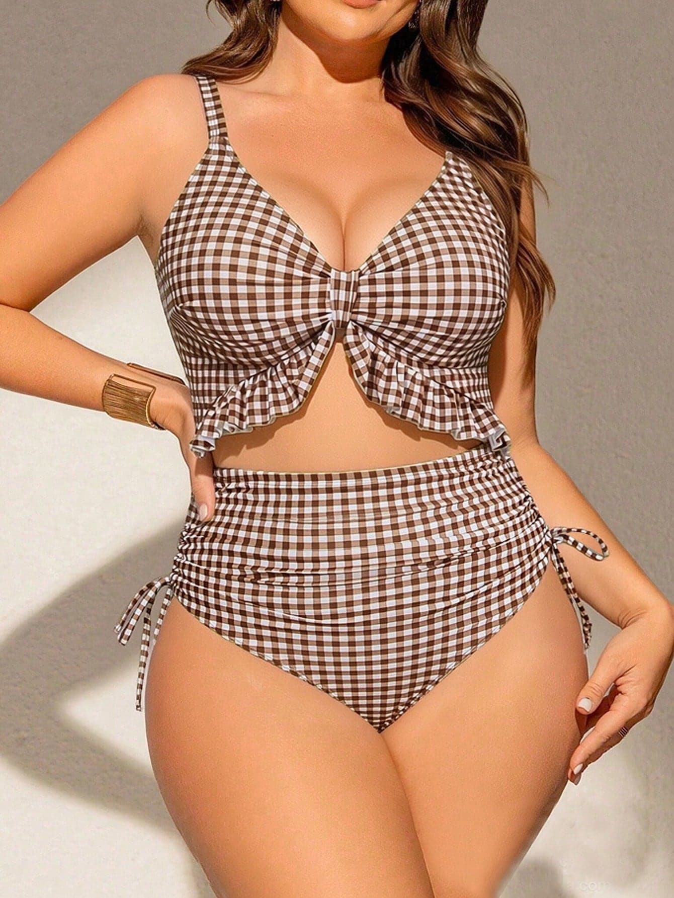 Swim Chiccia Plus Size Women One-Piece Swimsuit, Special Fabric, Deep V-Neck, Adjustable Straps, Removable Pads, Ruffle Hem, Drawstring Waist, Fashionable & Sexy, Suitable For Casual, Holiday, Beach, Swimming