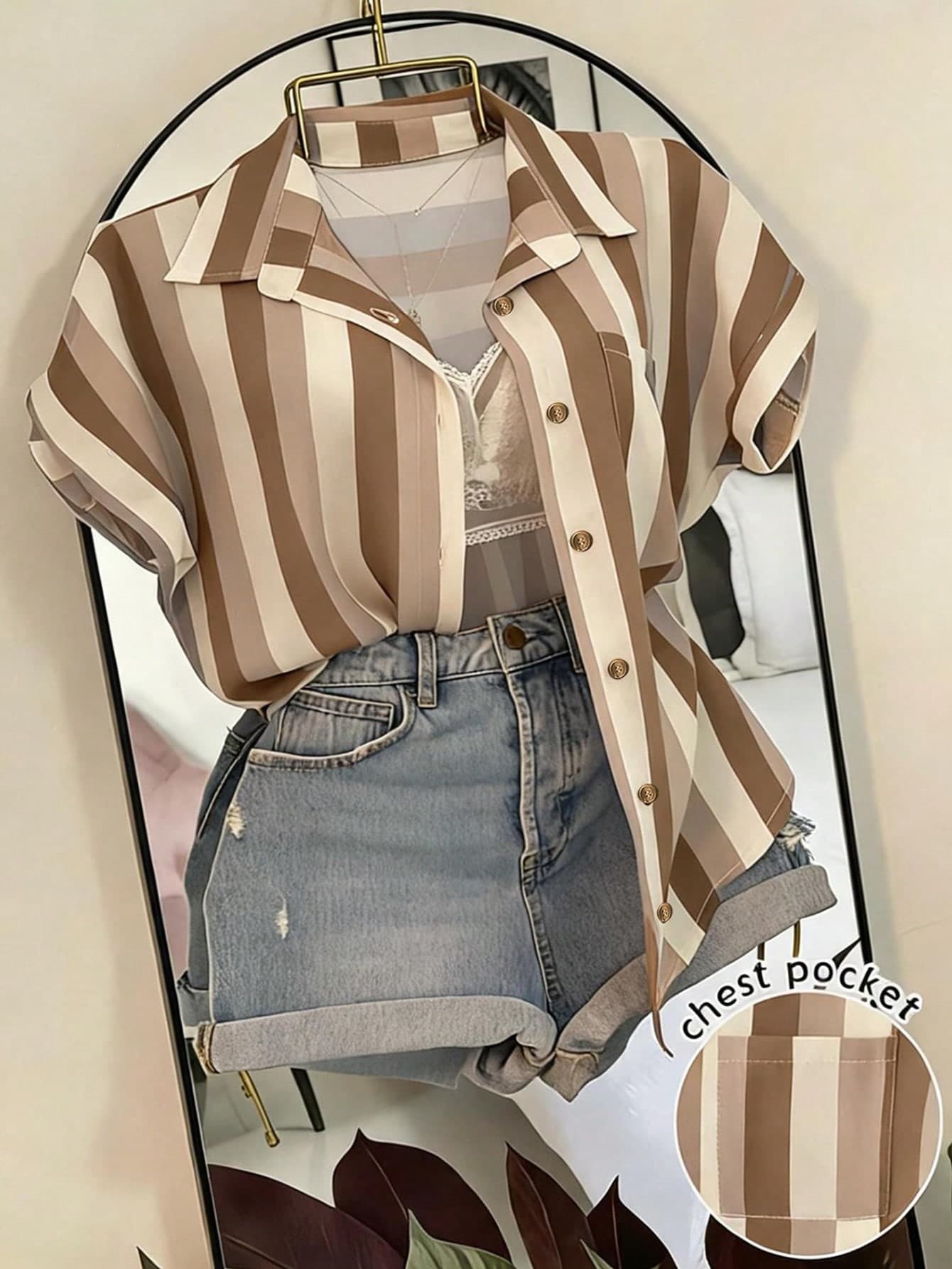 Franclia Striped Pocket Casual Vacation Shirt