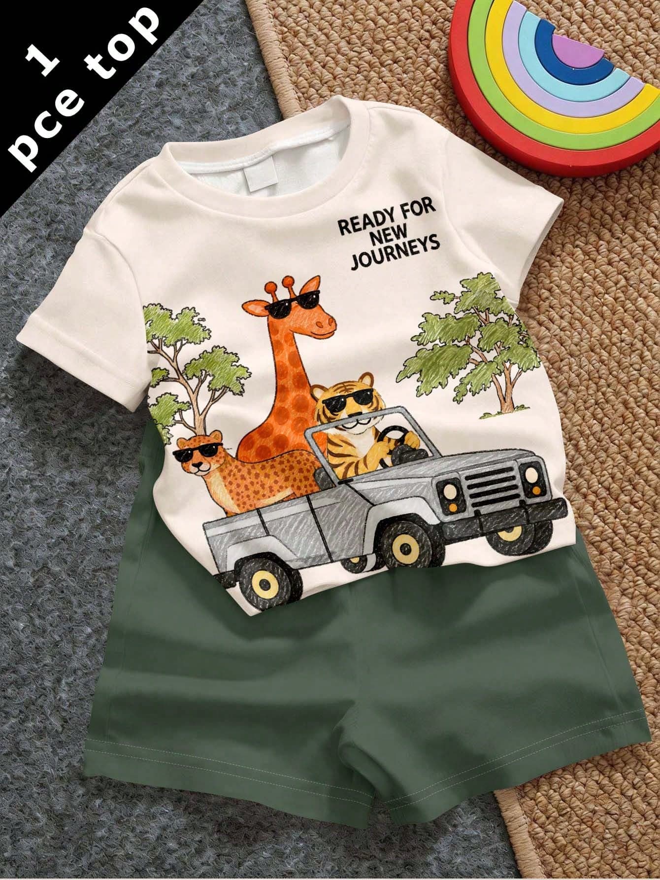 Baby Boy Casual Minimalist Top Suitable For Spring & Summer, Classic Cool Cartoon Animal Hand-Drawn Print, Stylish Wildlife Conservationist, Mr. Tiger, Giraffe Team Member, Cheetah Athlete Cartoon Hand-Drawn Graphic Print, Classic Stylish Off-Road 4WD Vehicle Print, Suitable For Spring & Summer