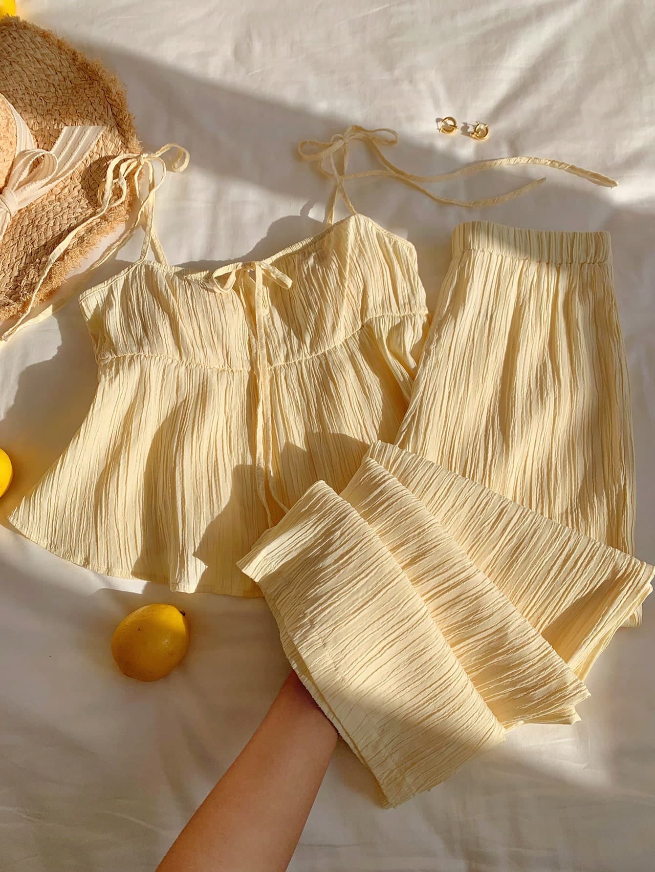 Comfortcana Apricot Casual Women's Solid Color Spaghetti Strap Ruffle Hem 2 Pieces Set, Summer