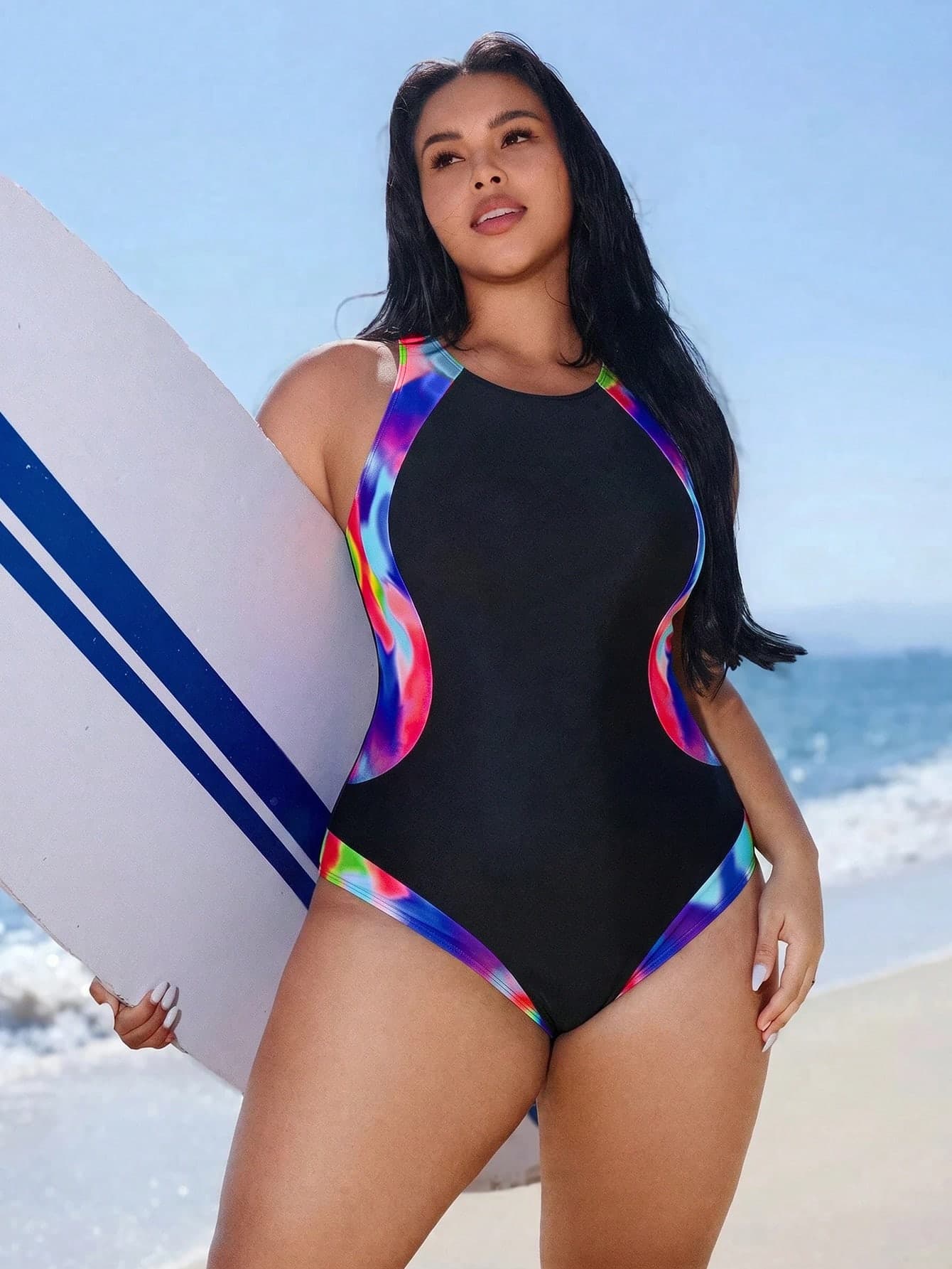 Swim SPRTY 2026 New Plus Size Women's Summer Beach Active Vacation Sports Slimming Abstract Print Patchwork Contrast Color One-Piece Swimsuit, Tummy Control