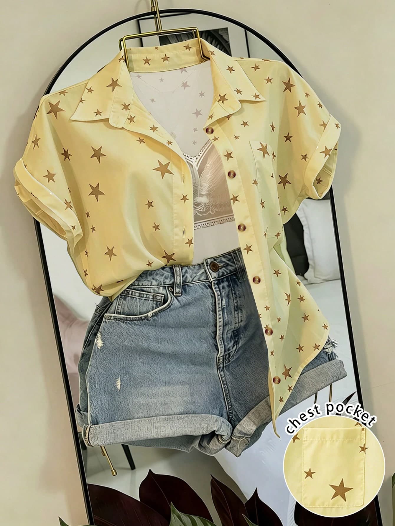 Franclia Women's Pentagram Print Pocket Casual Vacation Shirt