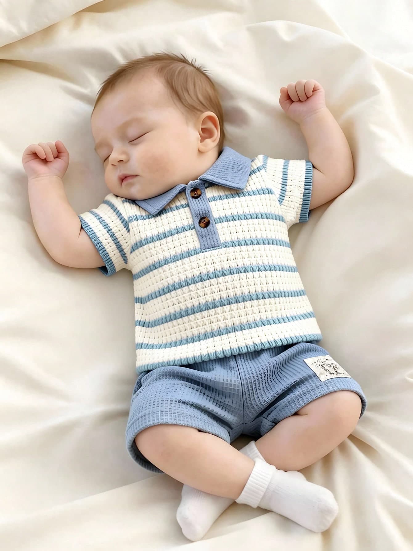 SHEIN Newborn & Baby Boy 2pcs Set: Striped Textured Polo Shirt In Blue & Beige, And Blue Waffle Fabric Shorts With Palm Tree Icon, Casual Outfit For Daily Wear, Vacation, Spring/Summer