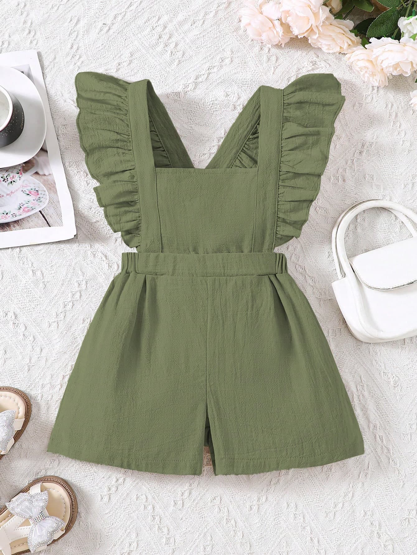 SHEIN Young Girl Cotton Linen Ruffle Collar Jumpsuit, Spring/Summer
