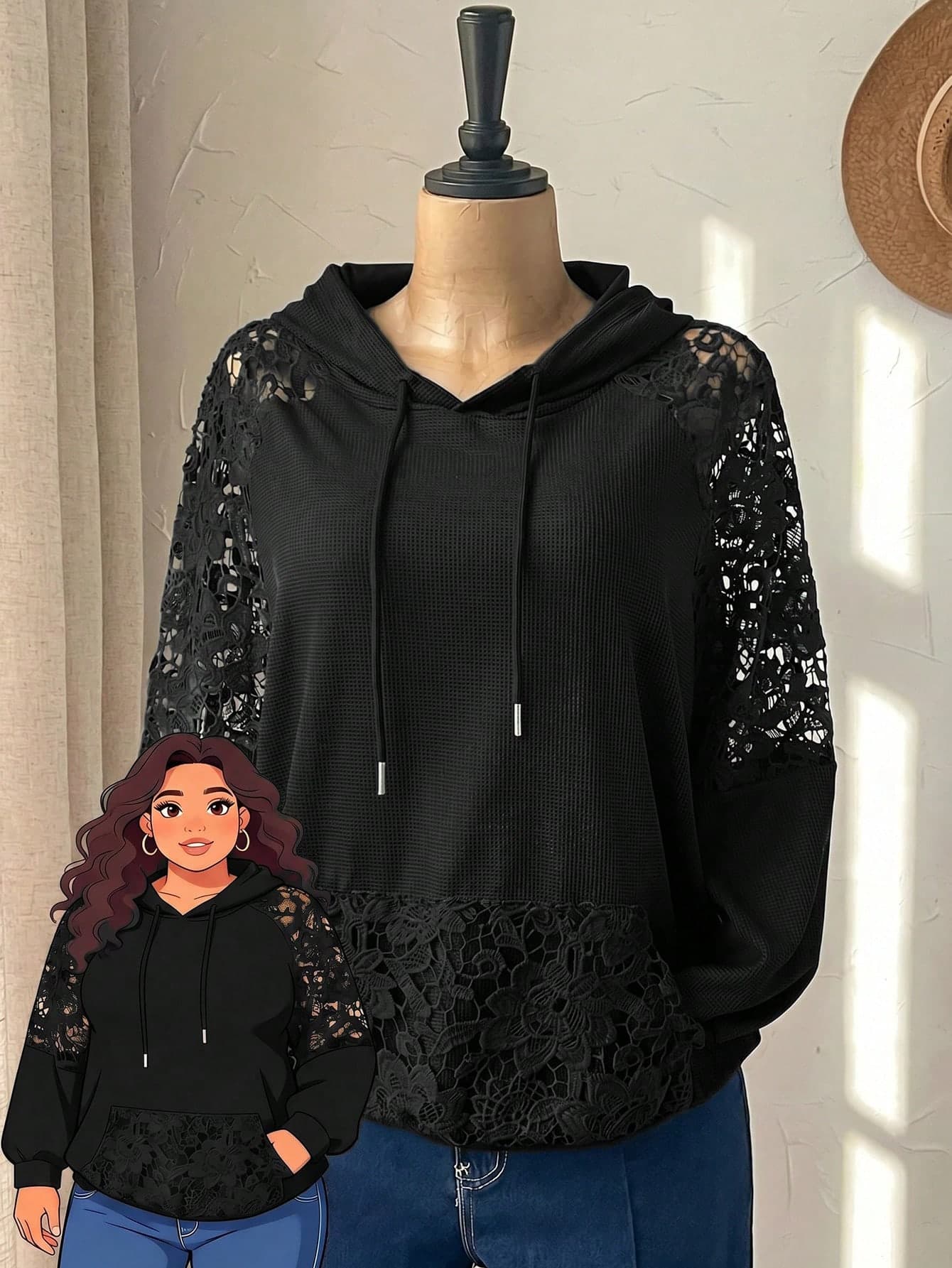 Rusticease Plus Size Solid Color Lace Patchwork Sweatshirt
