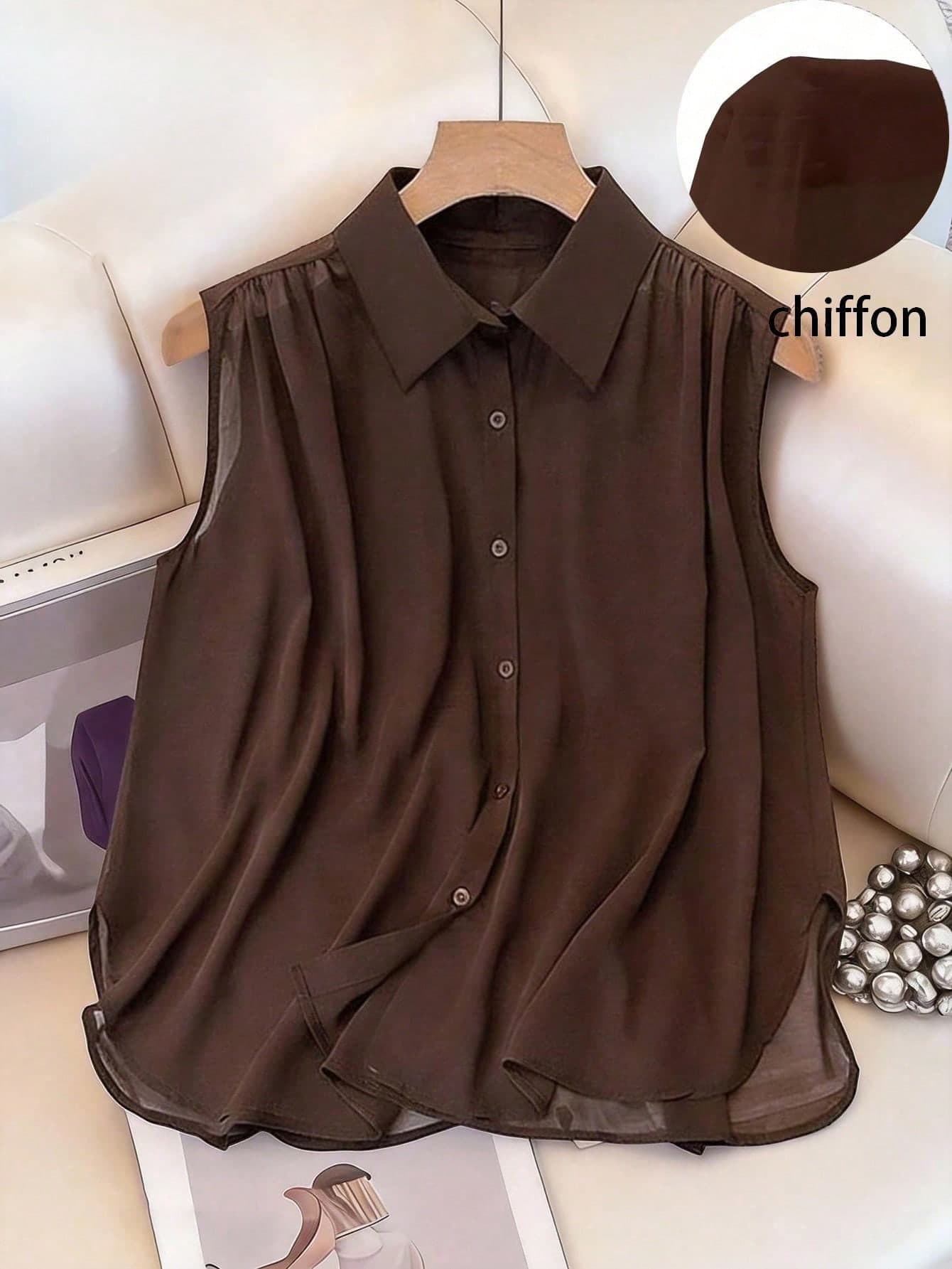 GlowEve CURVE Brown Plus Size Semi-Sheer Chiffon Blouse Sleeveless Shirt With Collar And Ruched Detailing Casual Regular Hem Top