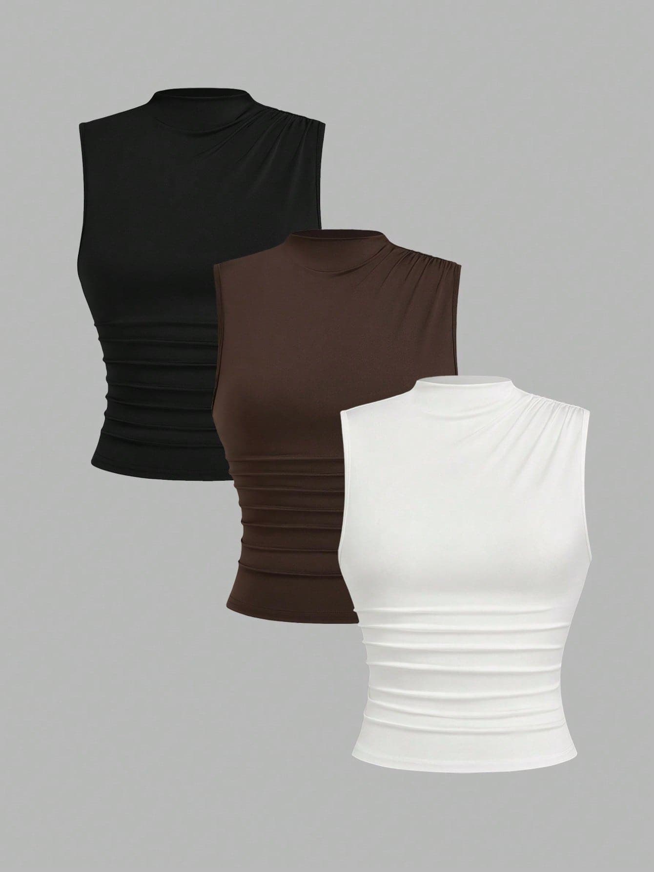Sweetra 3pcs Women's Casual Everyday Commute Minimalist Solid Color Draped Neck Pleated Fitted Camisole, Summer