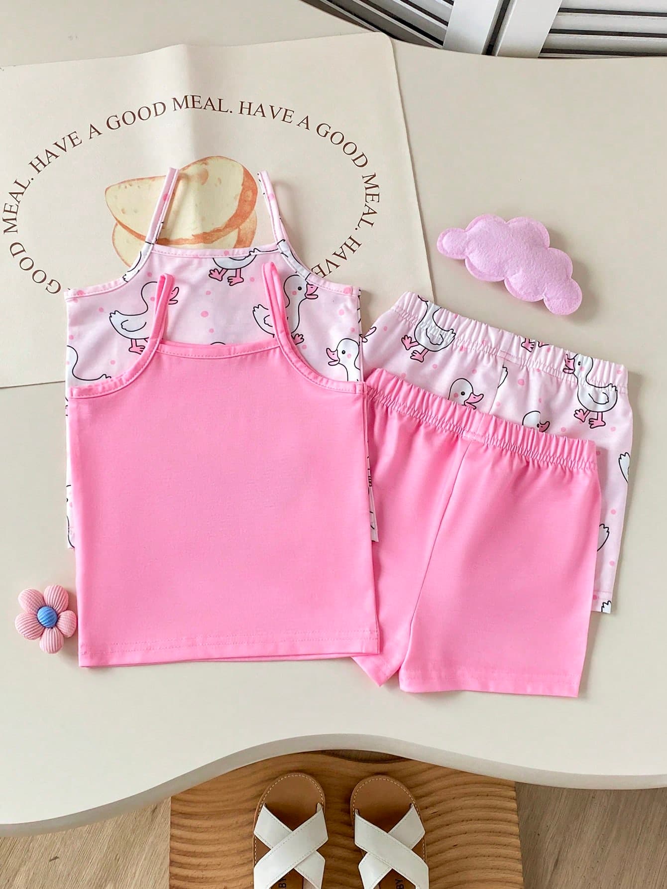 SHEIN Playful Pals 4pcs/Set Baby Girl Cartoon Print Camisole Top And Shorts Casual Daily Wear
