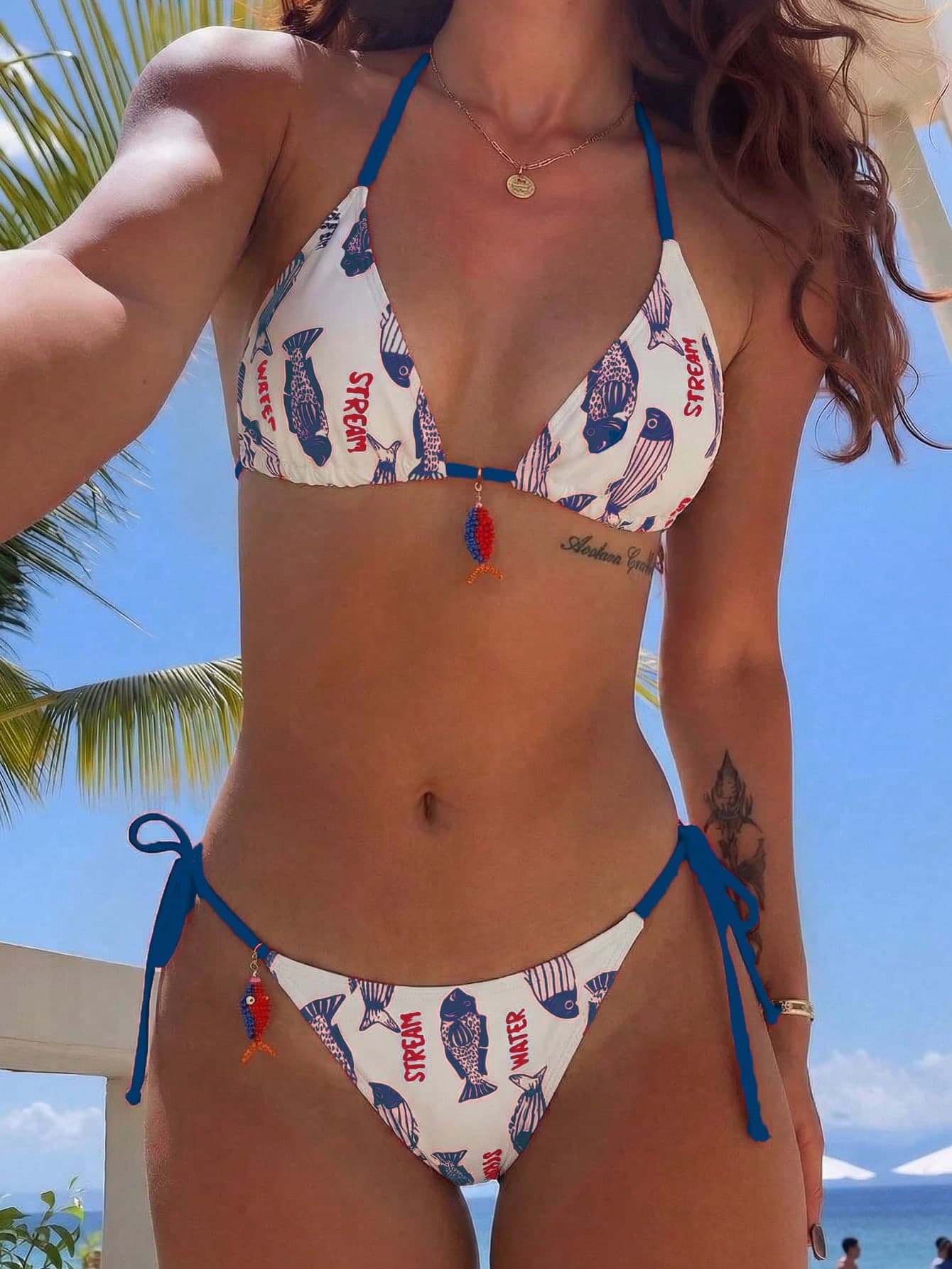 Swim Mod Spring/Summer New 2pcs Women's Swimsuit Set, Random Fish And Letter Print, Triangle Cup Top With Small Fish Trim, Side Tie Bikini Bottom With Small Fish Trim, Sexy Bikini Set For Beach, Swimming Pool, Vacation, European And American Style