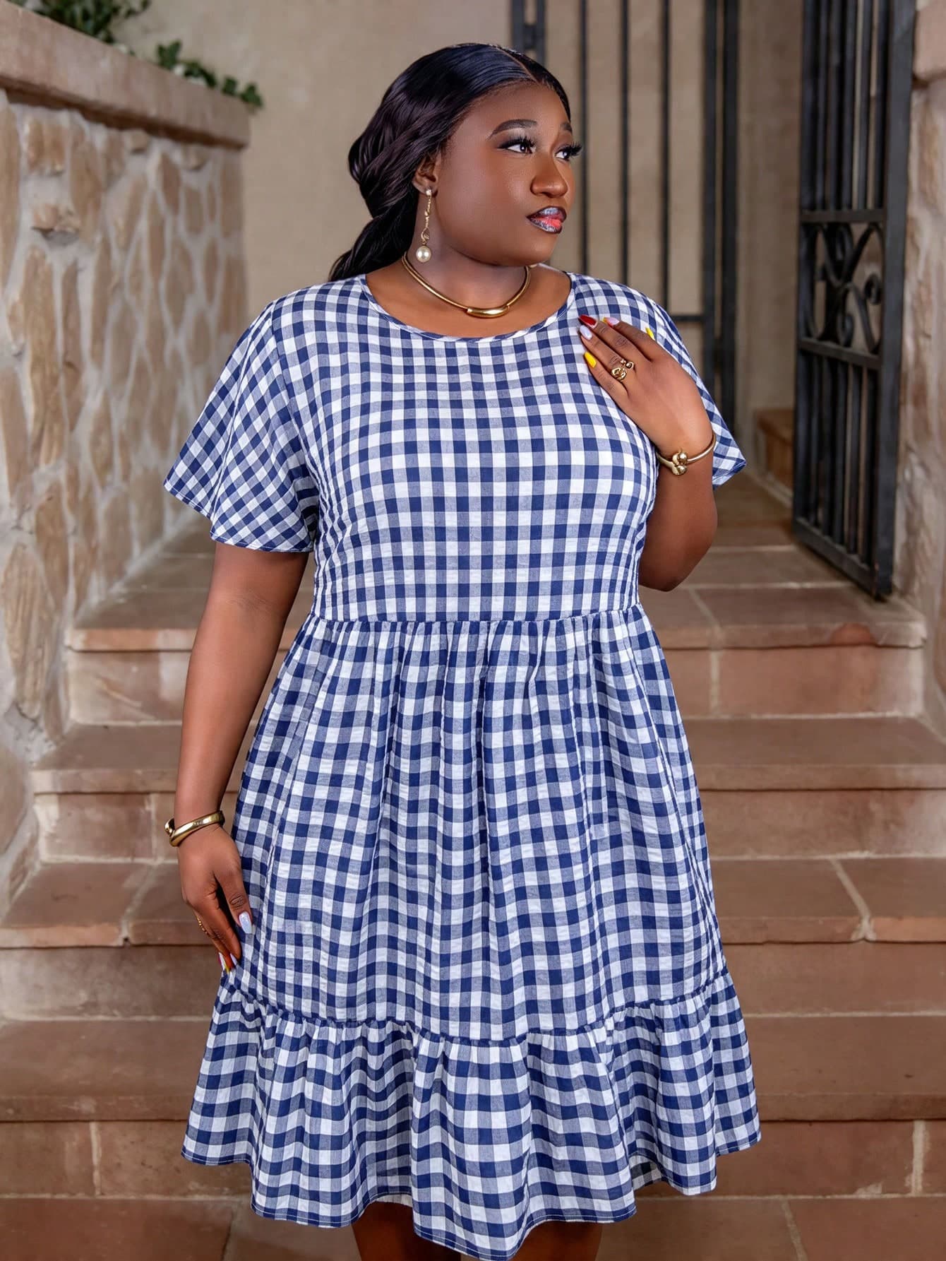 CurvyTilda Plus Size Summer Casual Plaid Ruffle Hem Short Sleeve Dress, Sun Dresses For Women Elegant, For Hourglass Body Shape