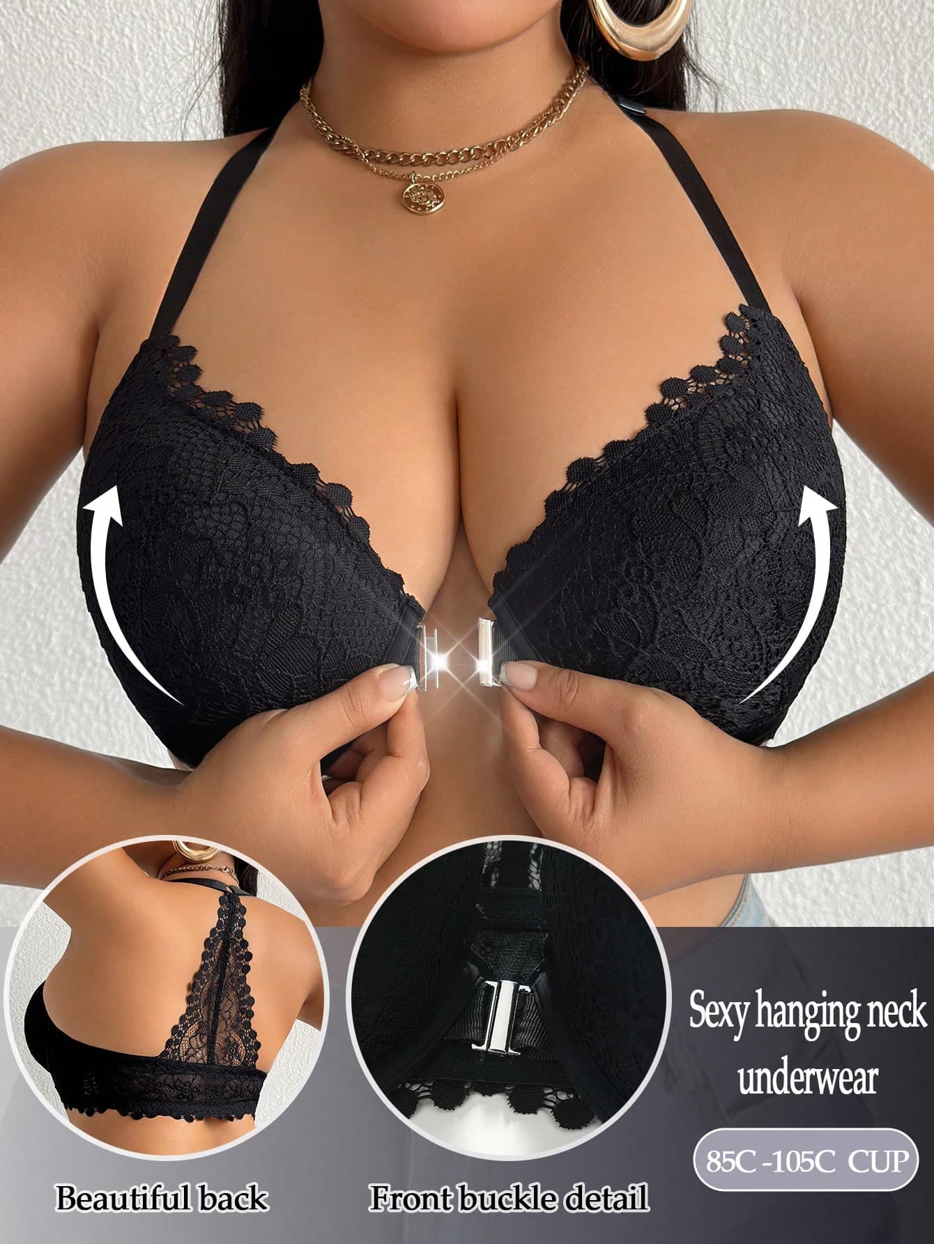 DesireSculpt 1pc Women Plus Size Lace Racerback Design Underwire Front Closure Bra