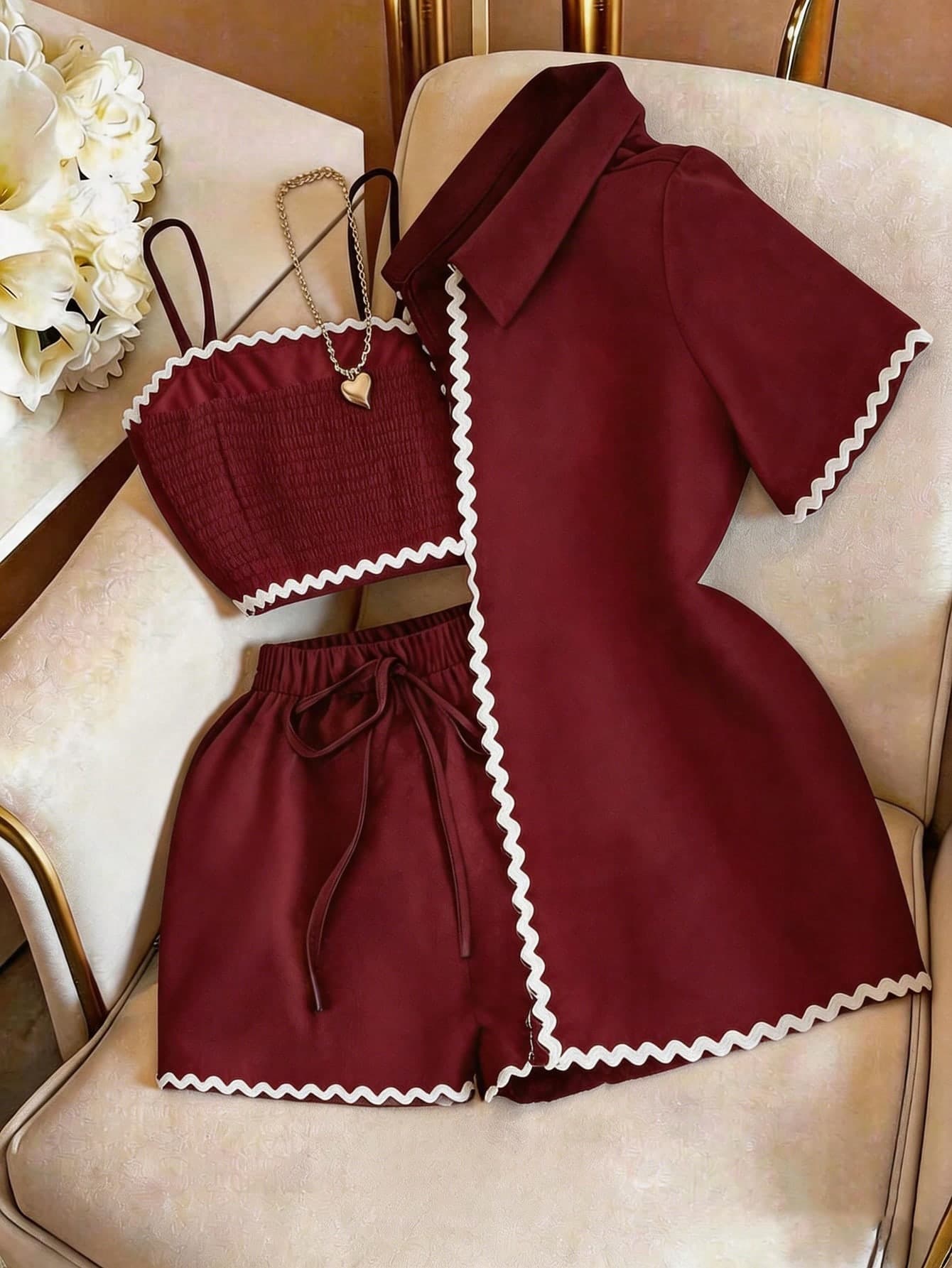 GlowEve 3pcs Women Summer Casual Woven Trim Camisole Shorts & Shirt Set