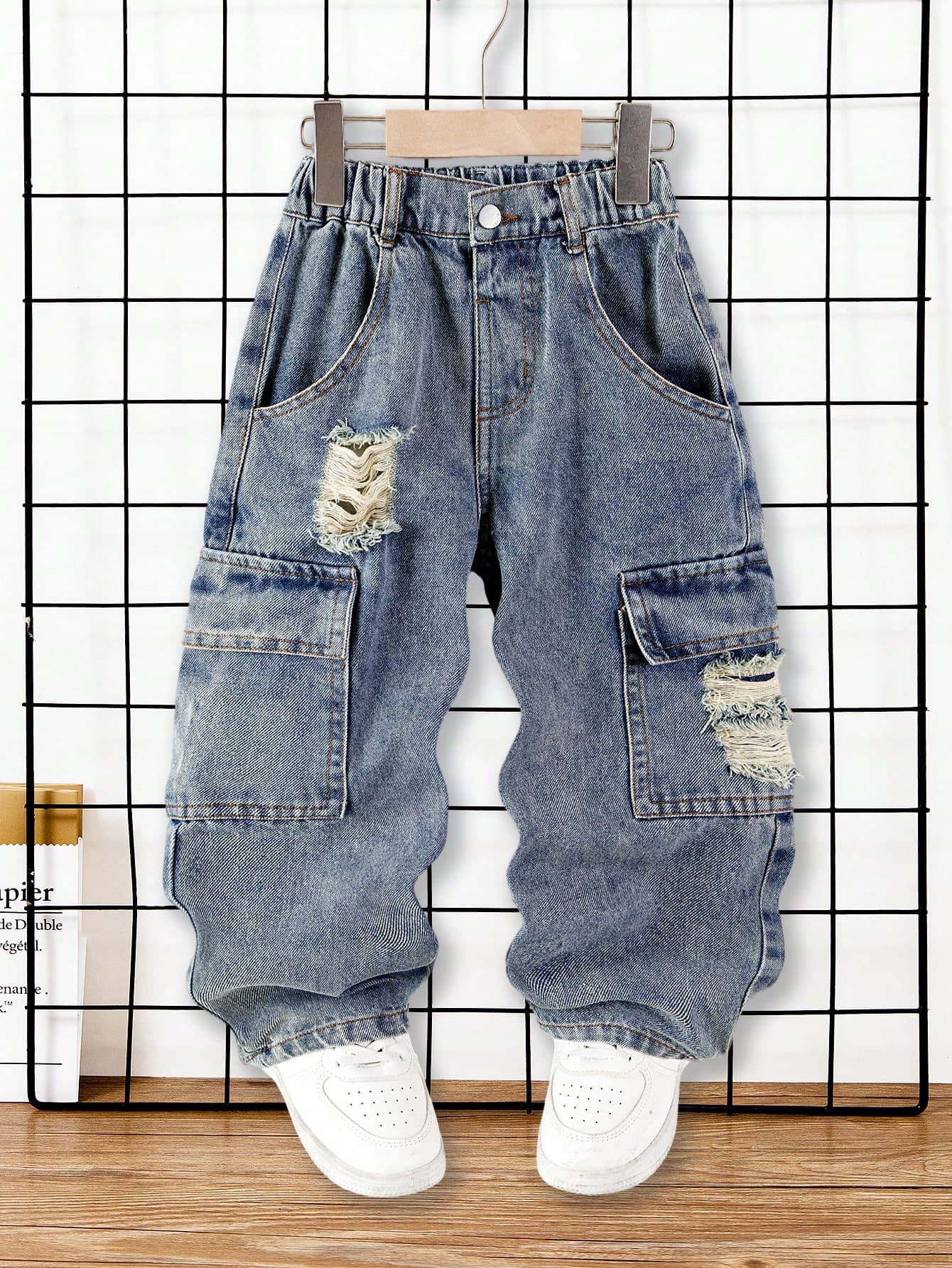 SHEIN Genkimix Kids Young BoyDistressed Cargo Jeans, Casual Streetwear, Light Blue Washed Denim, Multi-Pocket Design, Relaxed Straight Fit, Soft Cotton Fabric, Versatile For Daily Wear, School, Hangouts, Outings