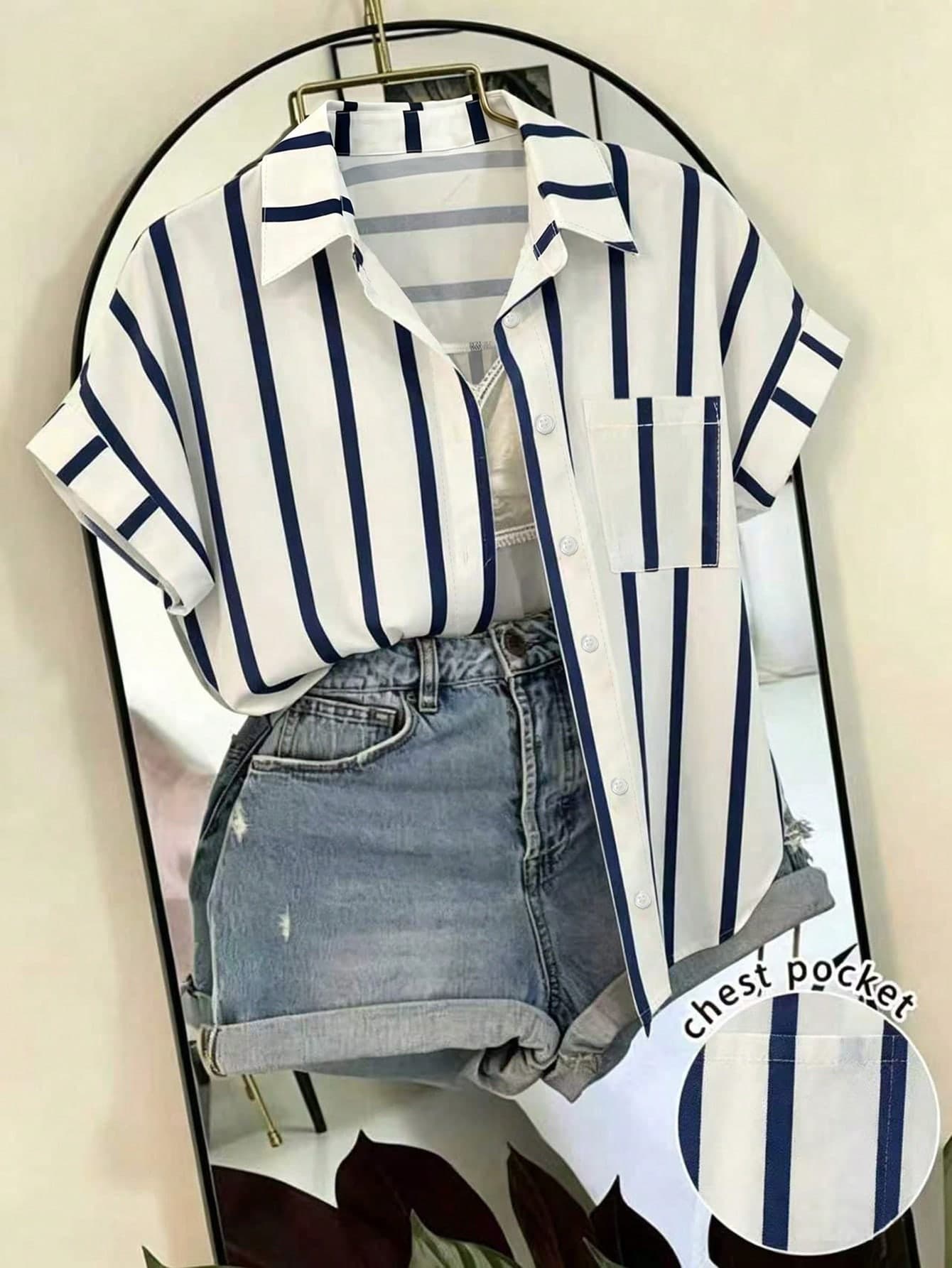 SHEIN Franclia Fashionable High-End Casual Decorative Button Striped Single Pocket Women's Shirt, Women's Spring/Summer Shirt, Vacation, Outing, Y2K, Spring, Summer, Back To School, Casual, Beach, Business, Versatile, Women's Blue And White Top, Blue And White Striped Shirt