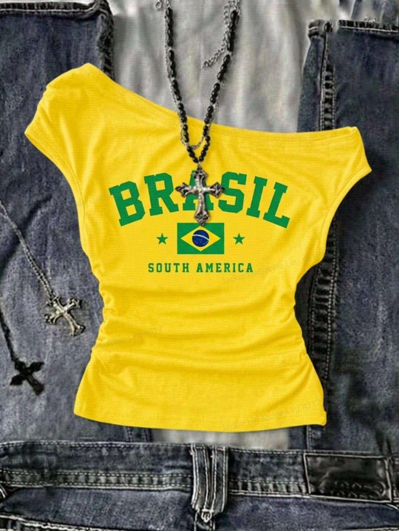 Teen Girls White Casual Vintage Brazil Print, Fitted Asymmetrical Shoulder Ruched Cropped Top, Suitable For Spring/Summer Y2K, Football & Sports Events, Music Festivals, Gothic & West