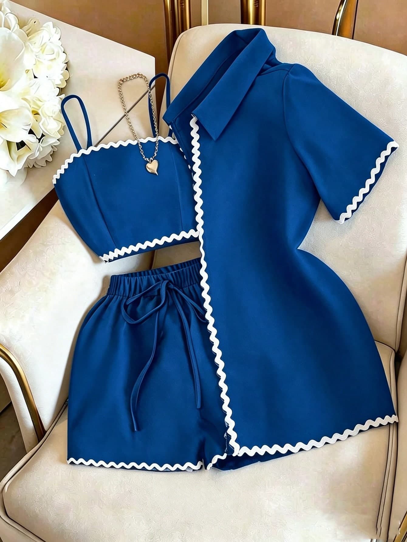 GlowEve 3pcs Women Vacation Outfit Set: Patchwork Belt Shirt, Camisole Tank Top And Shorts