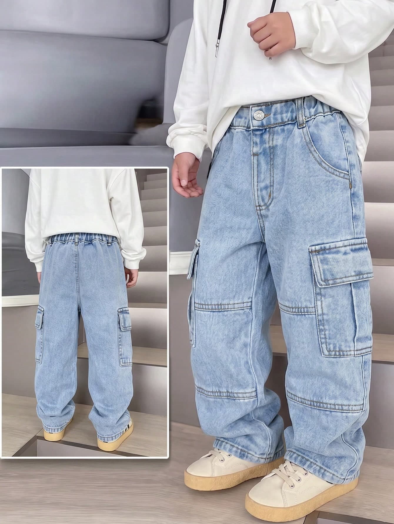 SHEIN Genkimix Kids Toddler Boys' Light Blue Denim Cargo Pants,Back-To-School Winter Career Day,Elastic Waist Drawstring Loose Straight Leg Jeans With Large Pockets