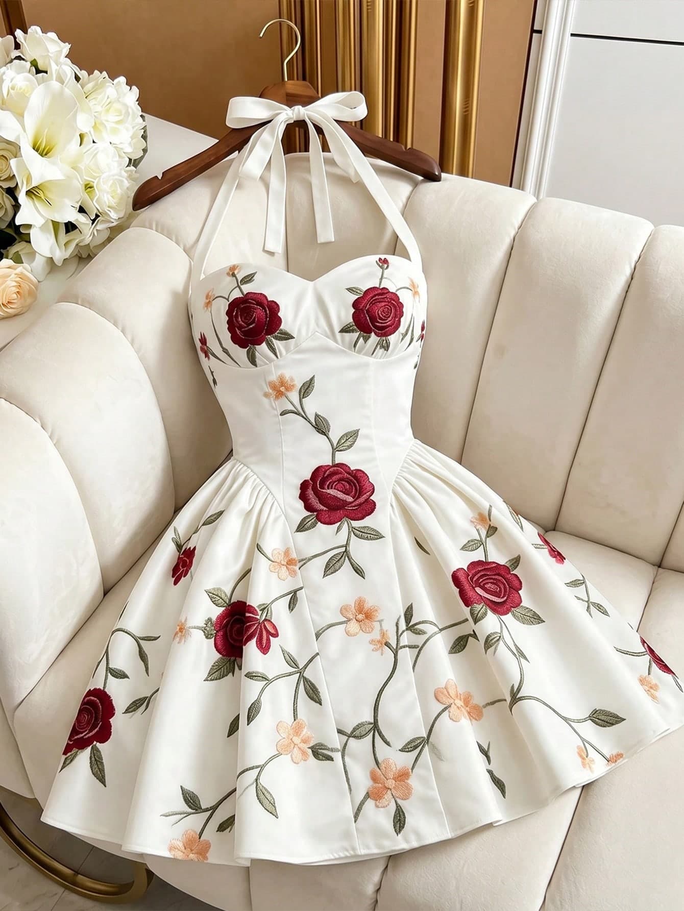 Qadelle Women's Halter Neck Tie Waist A-Line Short Dress,White Floral,Summer,Casual,Party,Picnic,Rose Pattern Sleeveless Elegant Wedding Guest Midi Dress