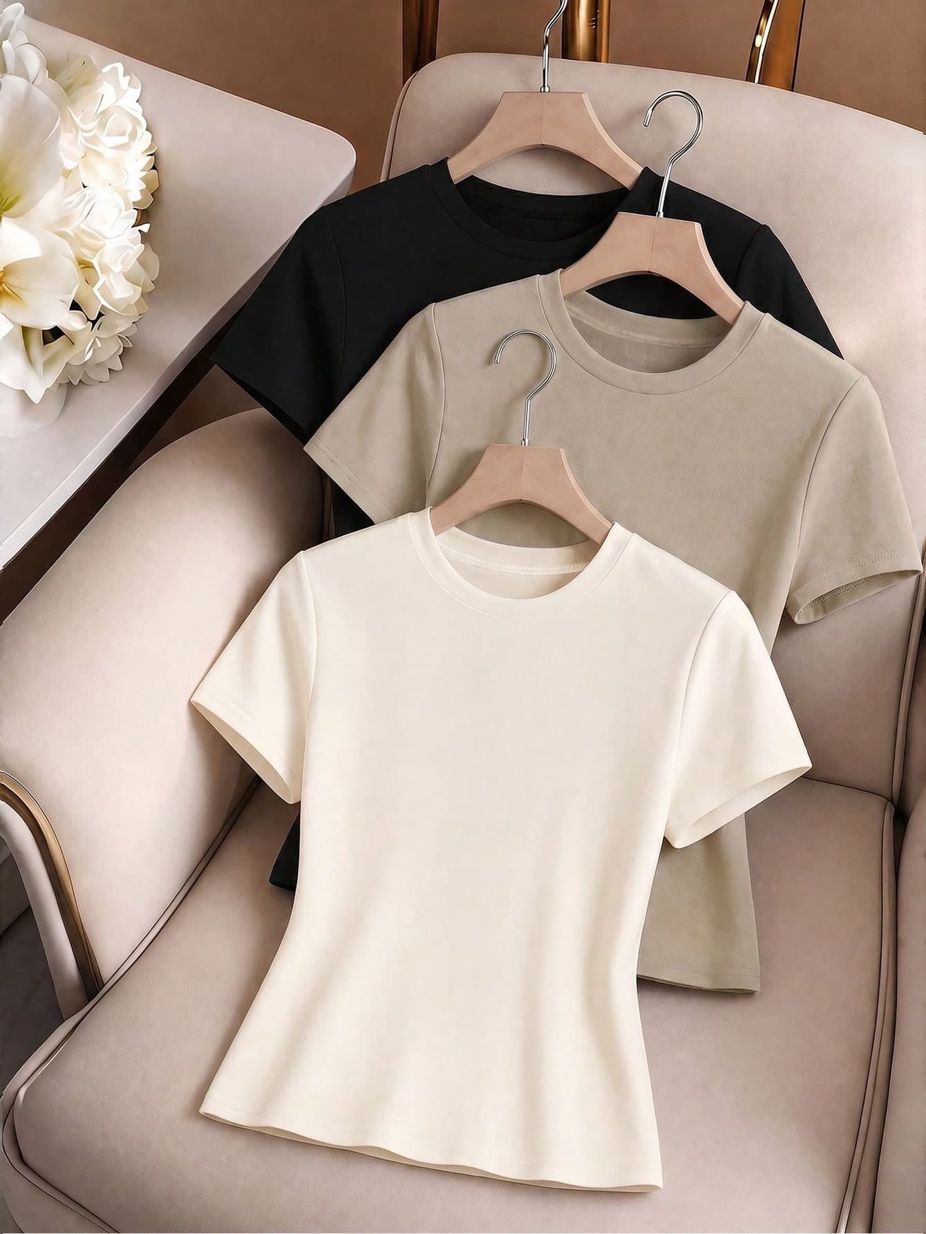 Qadelle Women's Solid Color Round Neck Short Sleeve Casual Versatile T-Shirt, Summer
