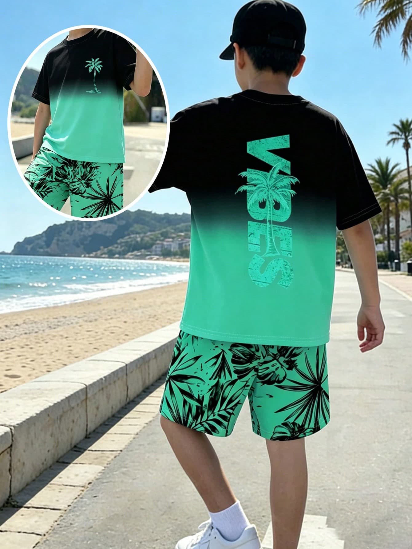 A Set Of Tween Boy Gradient Coconut Tree Printed Short Sleeved T-Shirt And Tropical Leaf Shorts Two-Pieces Set For Leisure