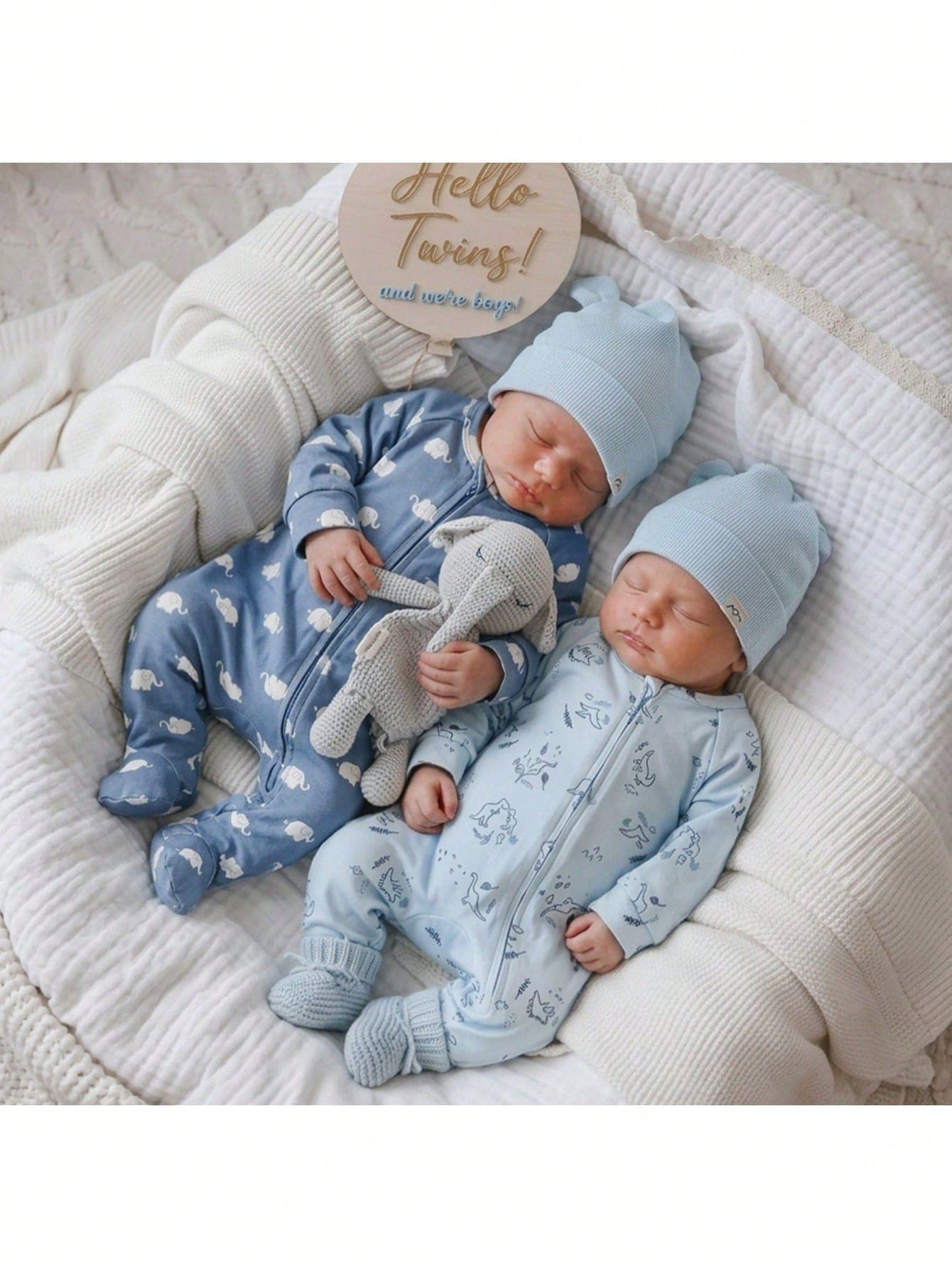 SHEIN Newborn Baby Cartoon Print Zipper Front Long Sleeve Jumpsuit 2pcs Set