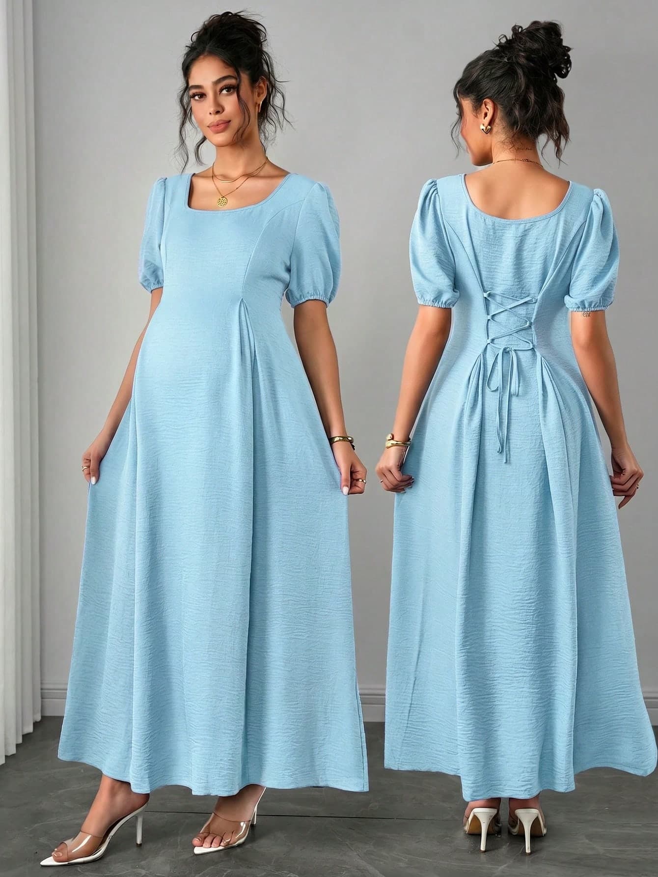 Momance Asymmetric Shoulder Ruched Waist A-Line Elegant Romantic Maternity Dress, Comfortable