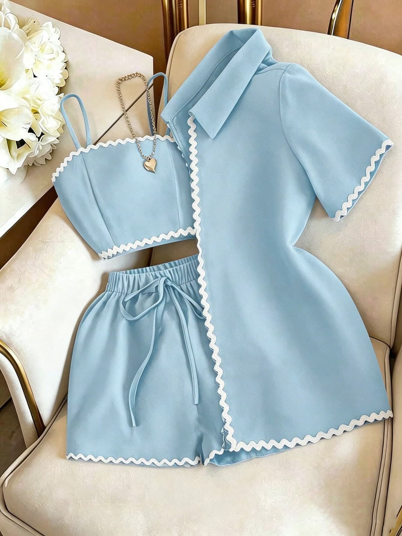 GlowEve 3pcs/Set Women Contrast Trim Camisole + Drawstring Shorts + Short Sleeve Jacket