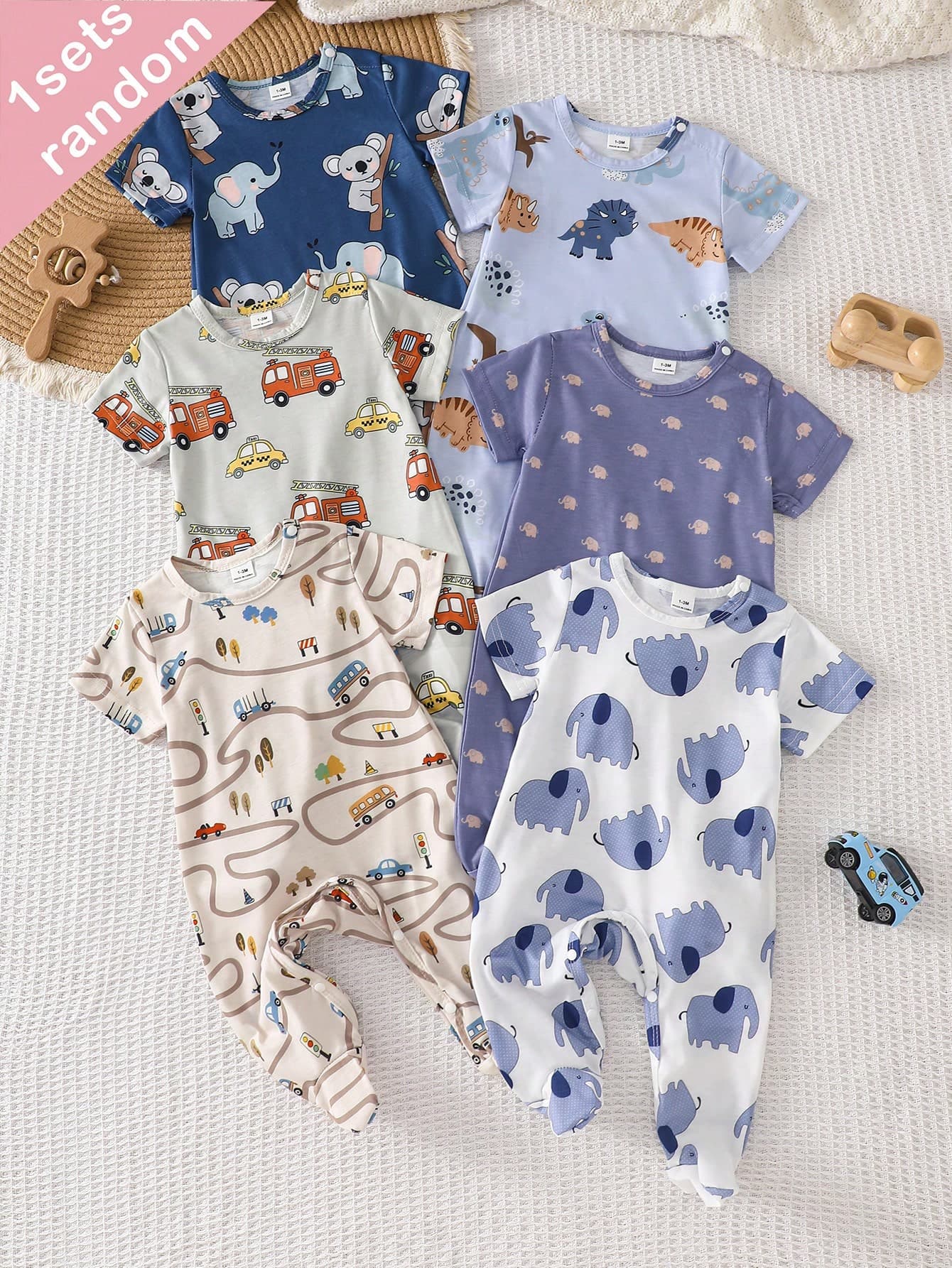 SHEIN 1set Random Newborn Baby Knitted Cartoon Car, Elephant, Dinosaur All-Over Print Round Neck Casual Comfortable Loose Short Sleeve Romper Jumpsuit, Summer Pajamas