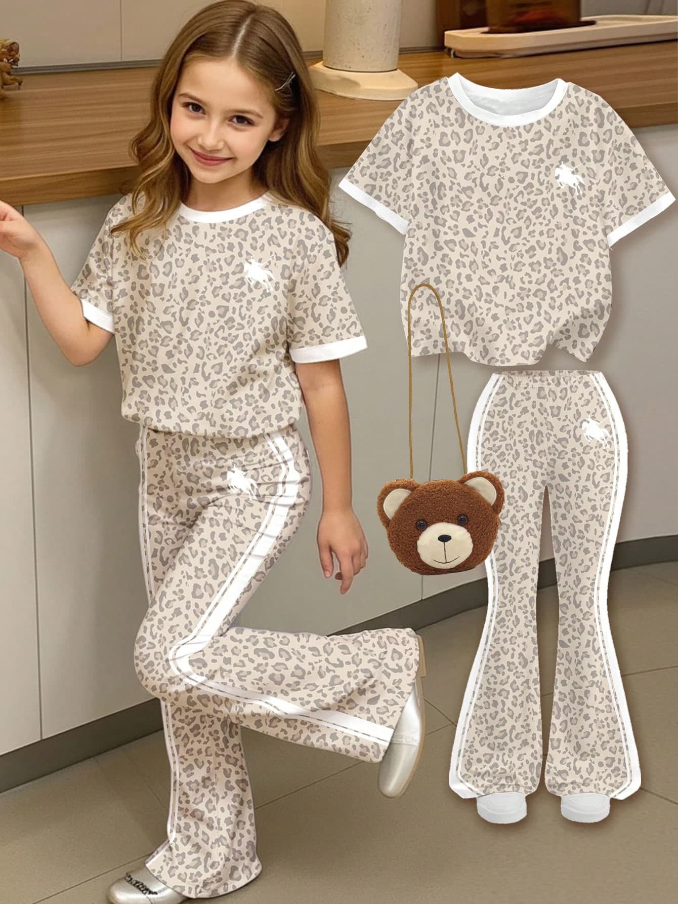 Vintage Sweet Leopard Print White Striped Equestrian Horse Graphic, Chill Chill, Baby & Kids Graphic, Young Girl Casual Minimalist Cartoon Pattern Round Neck Short Sleeve Top & Flare Pants 2pcs Set Suitable For Summer