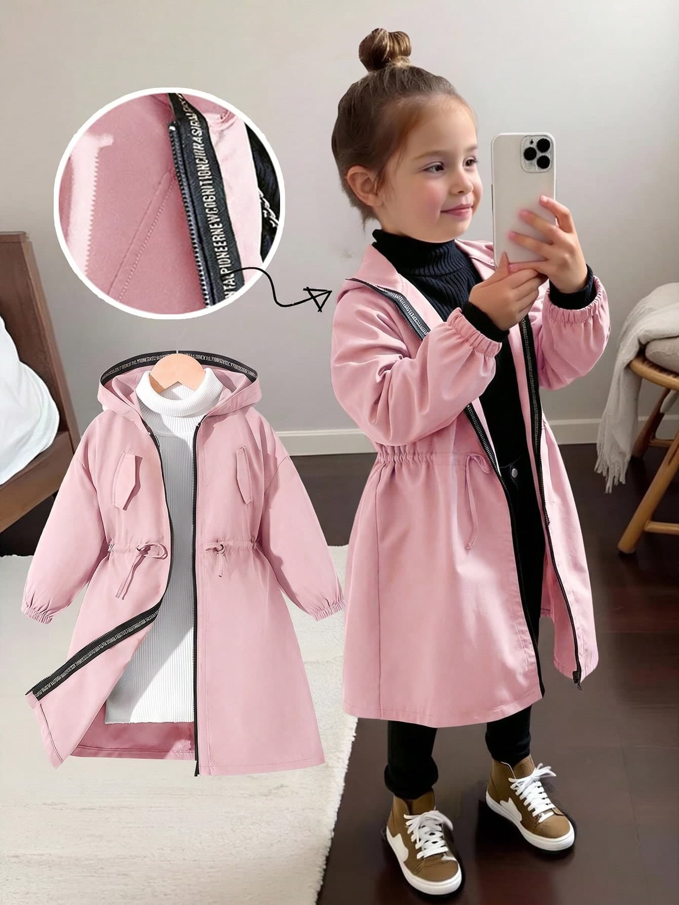 SHEIN Young Girl Casual Letter Decor Loose Text Tape Hooded Pocket Mid-Length Parka Jacket, Trench Coat, Woven Double-Breasted Lapel Loose Long Windbreaker, Casual Military Style, Suitable For Commuting And Outdoor Wear, Spring/Summer/Autumn/Winter, Y2k Outfits For Girls Girls Metallic Jacket Girls Y2k Outfits Y2k Jacket Silver Jacket Kids Baddie Outfits Young Girl Outfits, For Halloween.Back To School Seasom., Mommy & Sister & Me Matching.