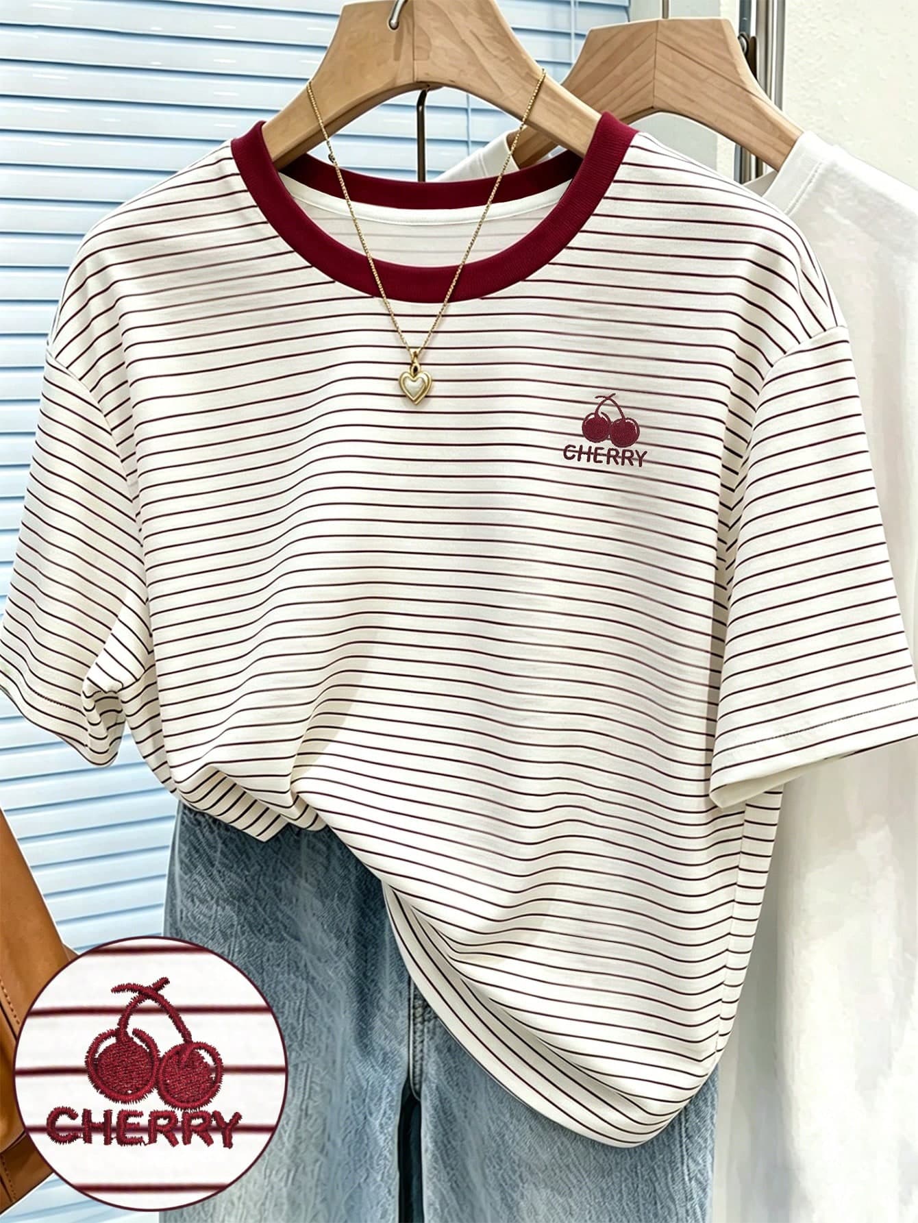 Resyla Striped Digital Print, Cherry Embroidery Casual Round Neck T-Shirt, A Gift For Friends