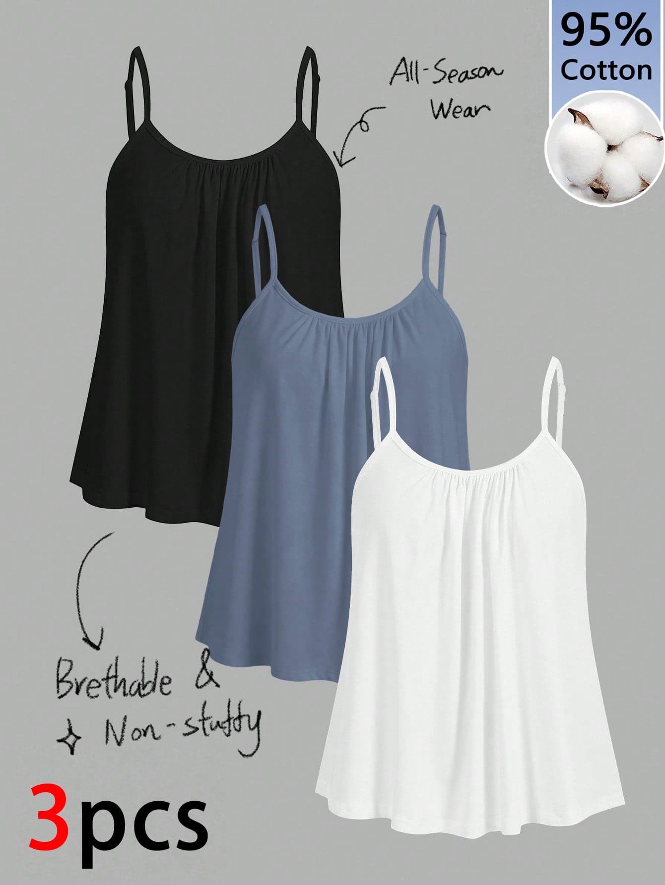 Tseoso 3pcs 95% Cotton Women Pleated Loose Camisole Adjustable Strap, Suitable For Spring And Summer,Summer Top